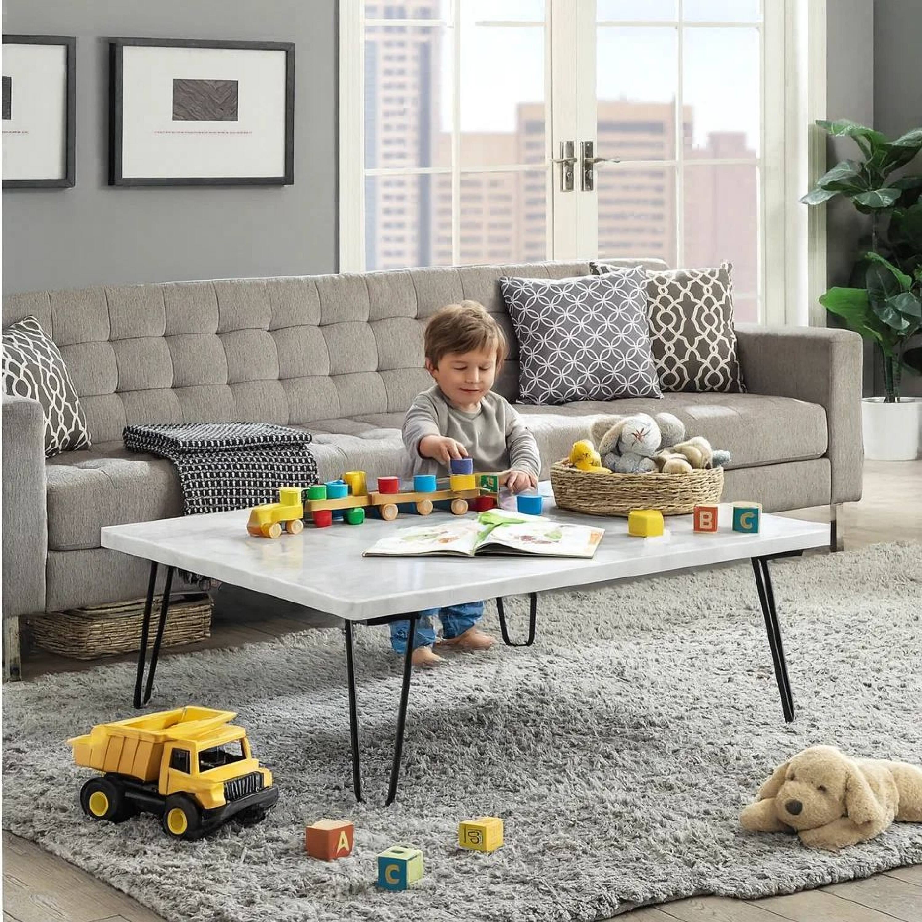 Alt View 5. Manhattan Lane - Marble Top Coffee Table with Hairpin Style Metal Legs - White, Black.