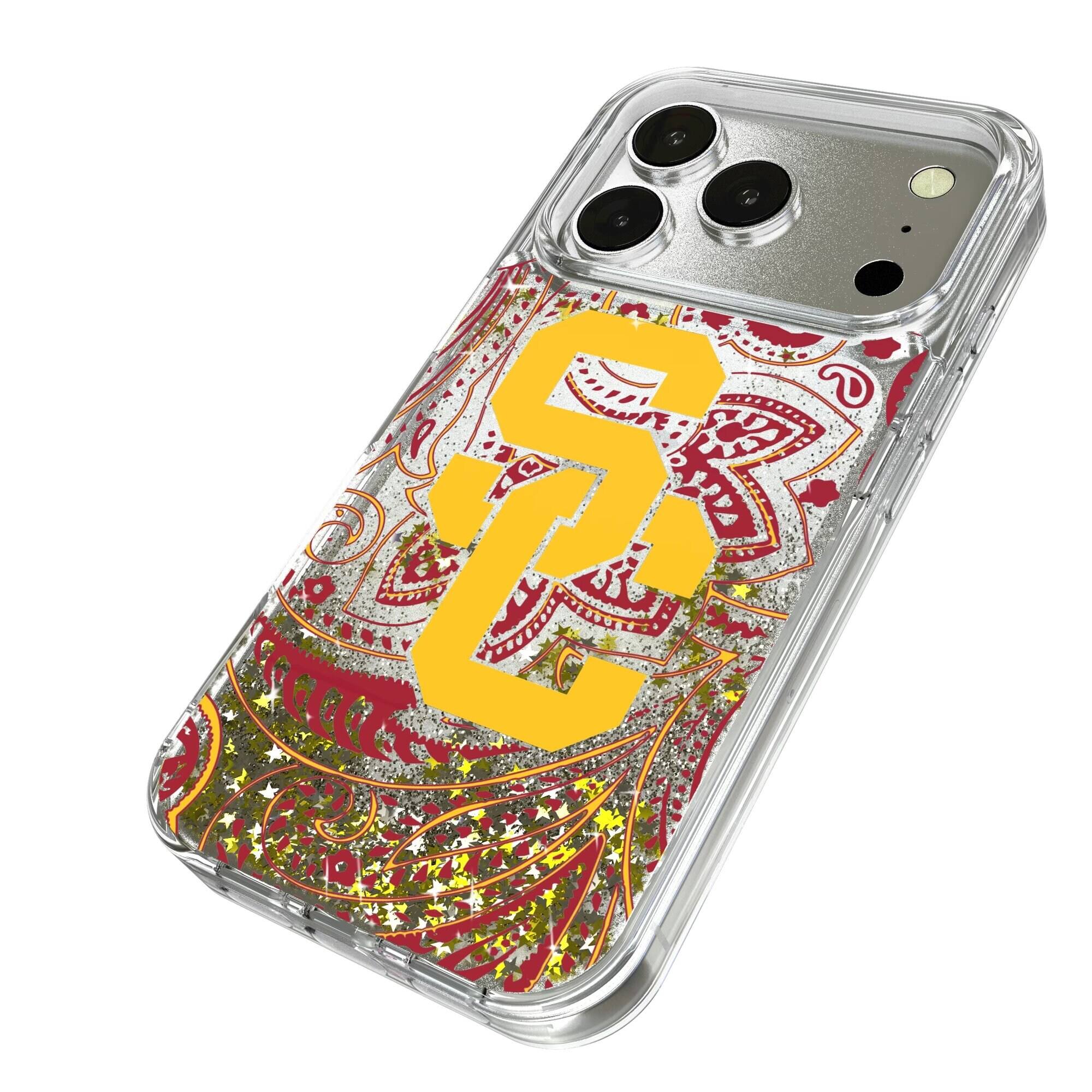 Alt View 1. Keyscaper - USC Trojans iPhone Glitter Paisley Design Case - 15 Pro - Multicolor.
