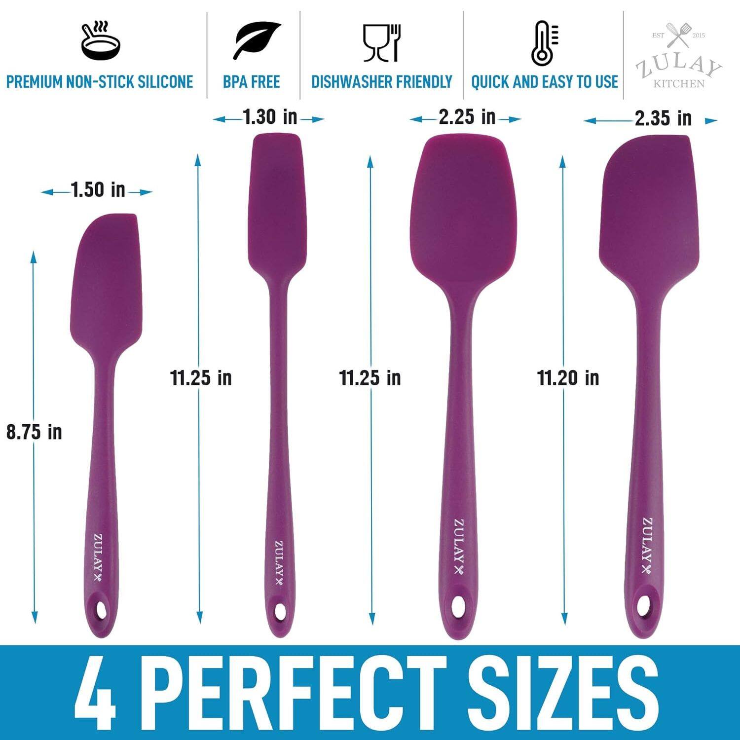 PREMIUM NON-STICK SILICONE BPA FREE DISHWASHER FRIENDLY QUICK AND EASY TO USE KITCHEN 1.30 in 2.25 in 2.35 in 1.50 in 11.25 in 11.25 in 11.20 in 8.75 in ZULAYX ZULAYX x ZULAYX X x ZULAYX 4 PERFECT SIZES