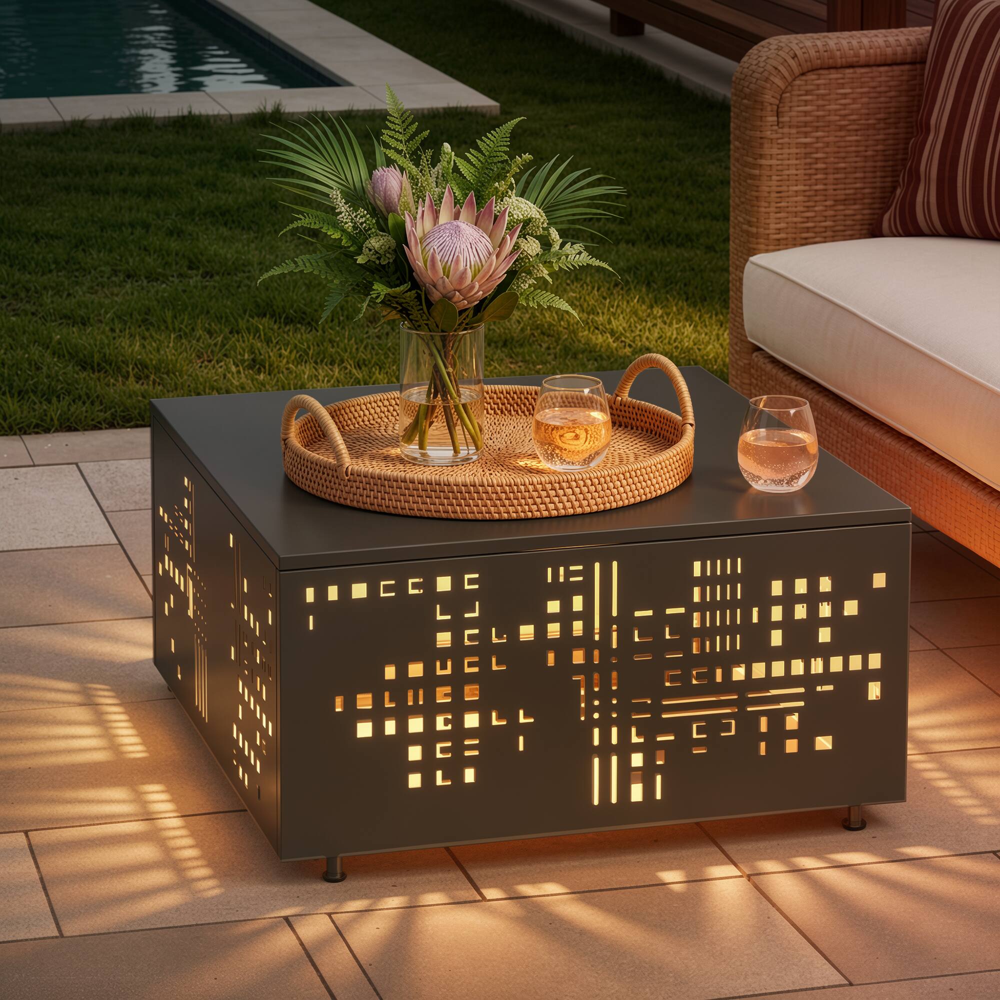Ovios - Patio Coffee Table Outdoor Metal Table with Solar Light for Balcony - Black