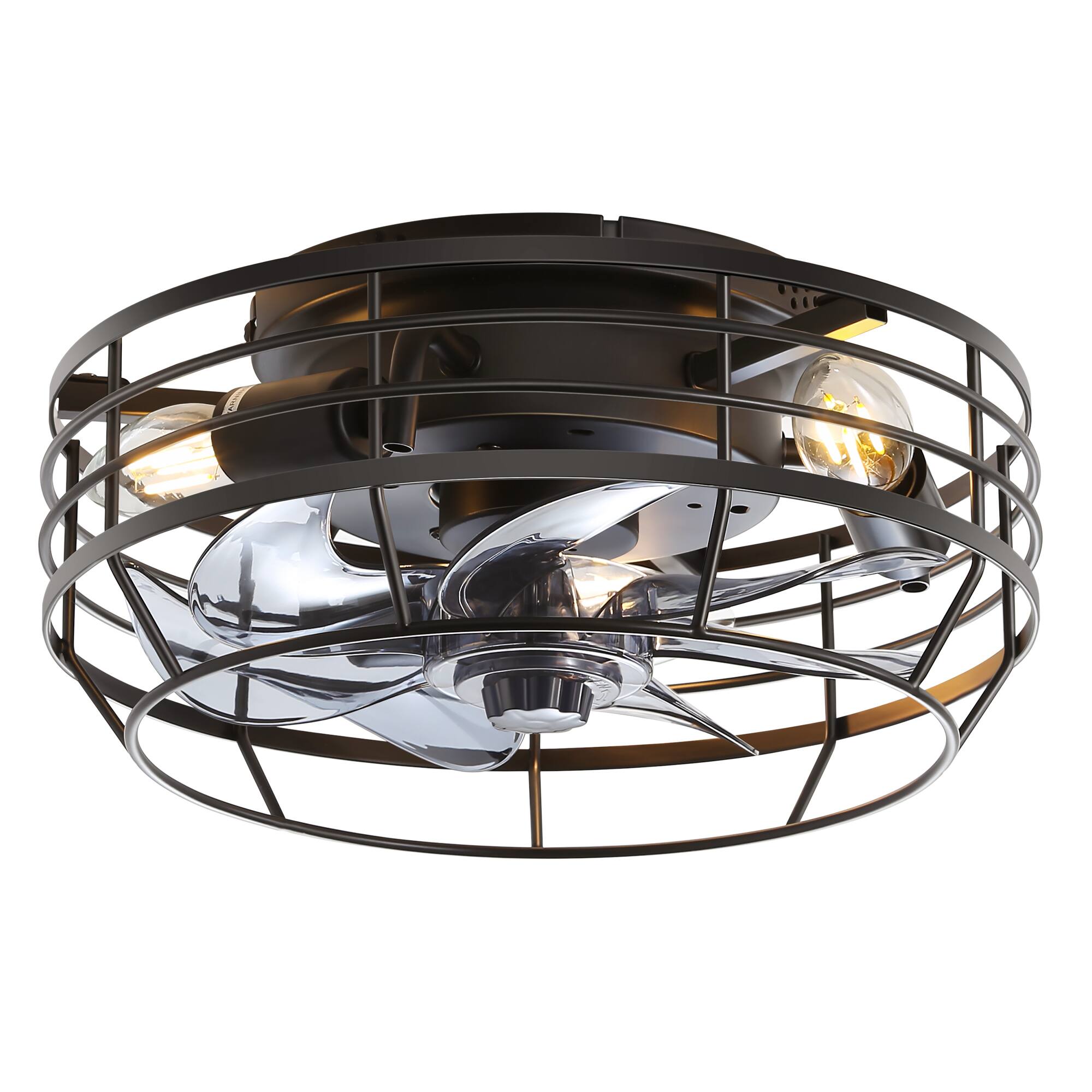 Angle. Breezary - 12" Indoor Flush Mount Cage Ceiling Fan with Remote, 7 Blades, 6-Speed DC Motor, Timer & Memory, Compact for Small Rooms - Matte Black.