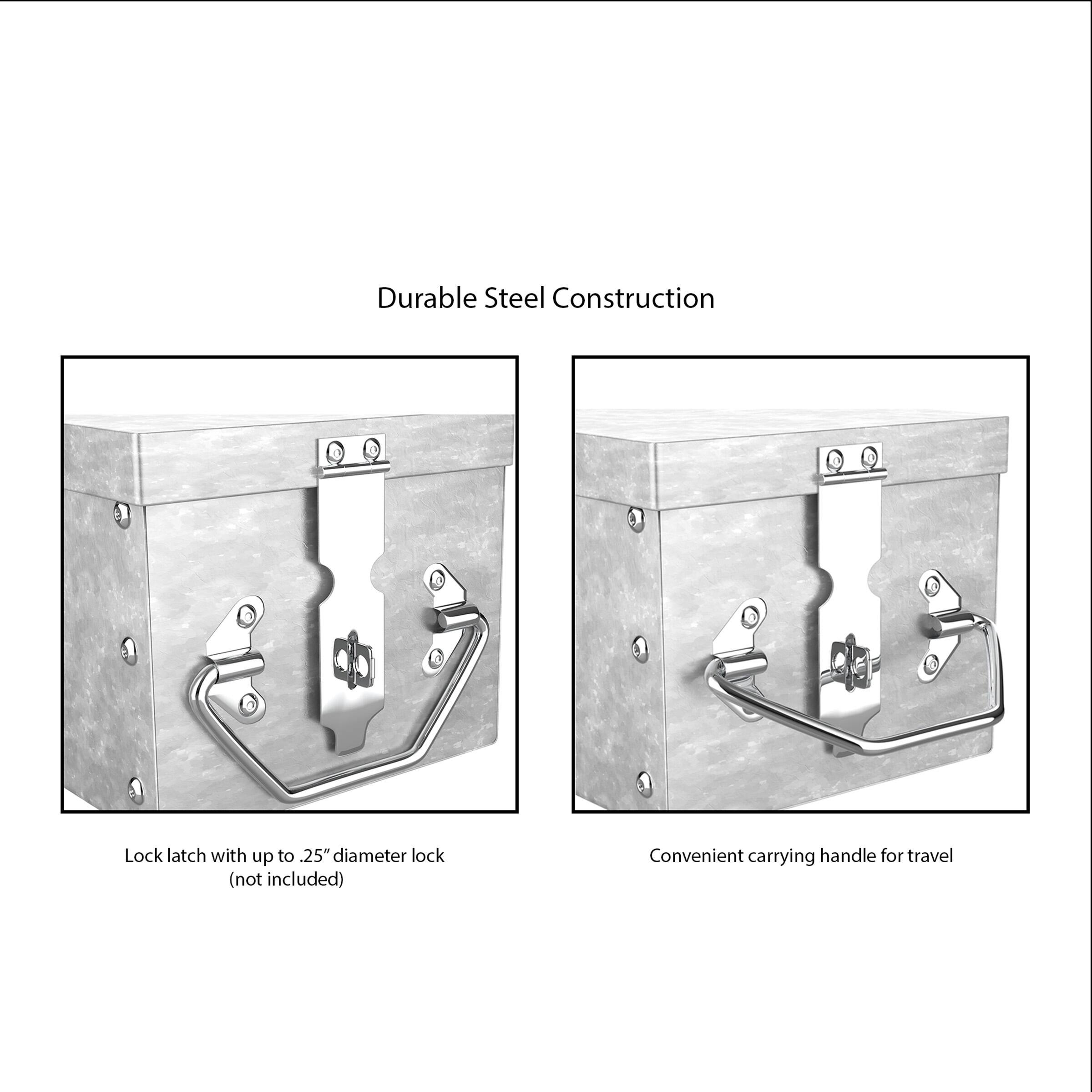 Durable Steel Construction

- Lock latch with up to .25" diameter lock (not included)
- Convenient carrying handle for travel
