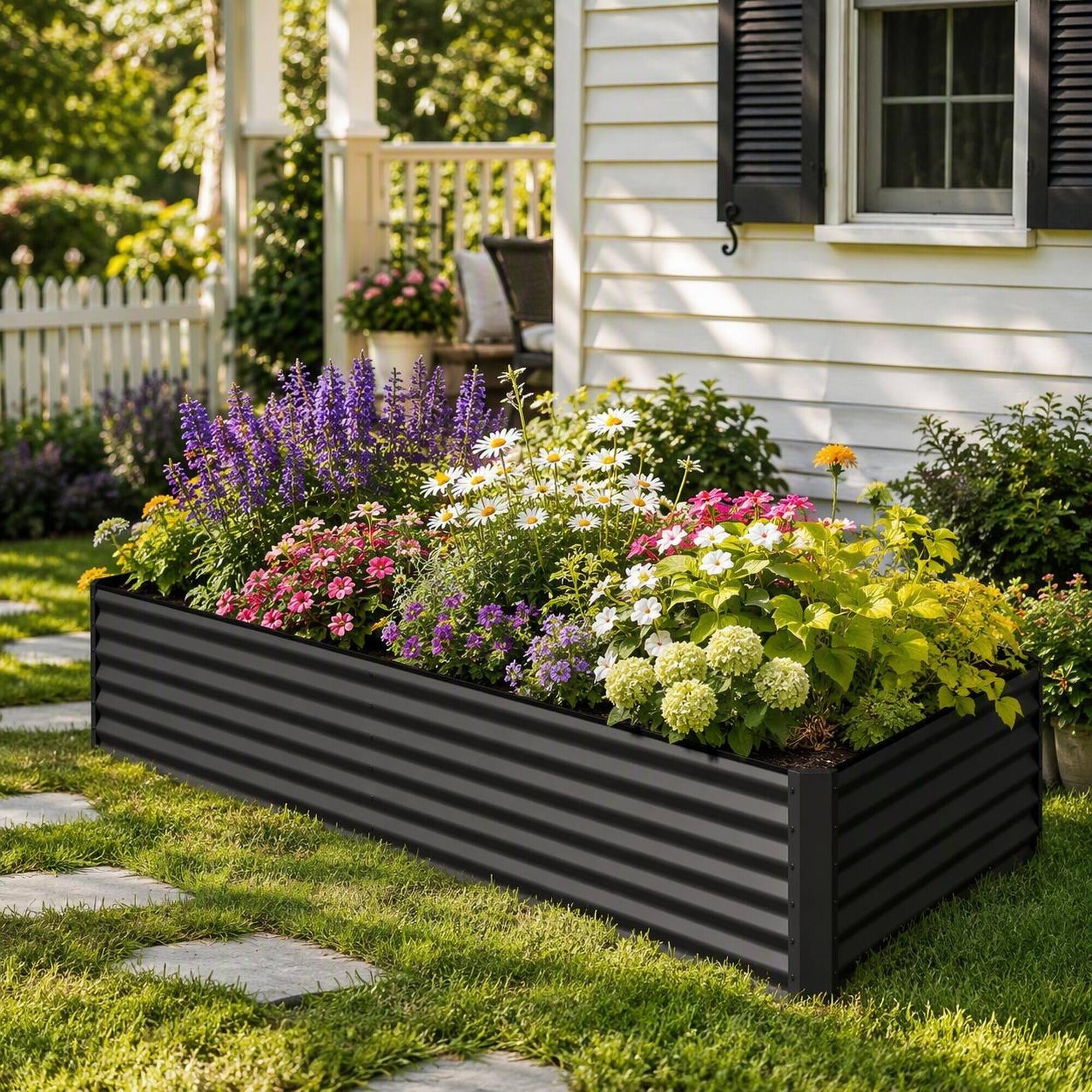 Angle. RYHNUYNE - 8x4x1.5 ft Galvanized Raised Garden Bed, Dark Grey Large Metal Planter Box for Vegetables, Herbs, and Flowers - Dark Gray.