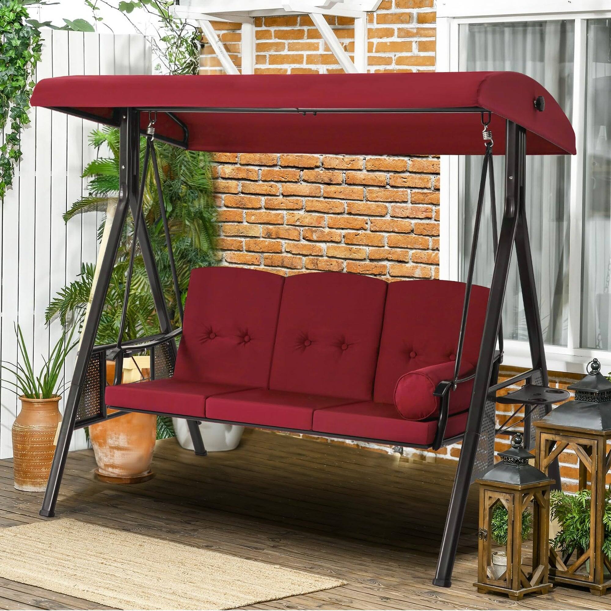 Alt View 3. Boyel Living - 3 Person Metal Patio Swing with Removable Cushion and Cup Holder Outdoor Porch Swing Chair - Red.