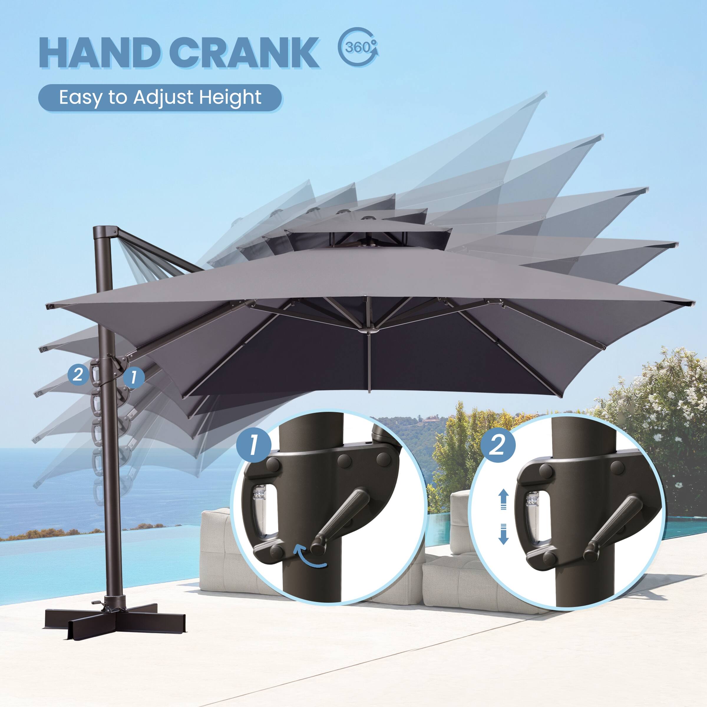 HAND CRANK  
Easy to Adjust Height  
360°  

1.  
2.