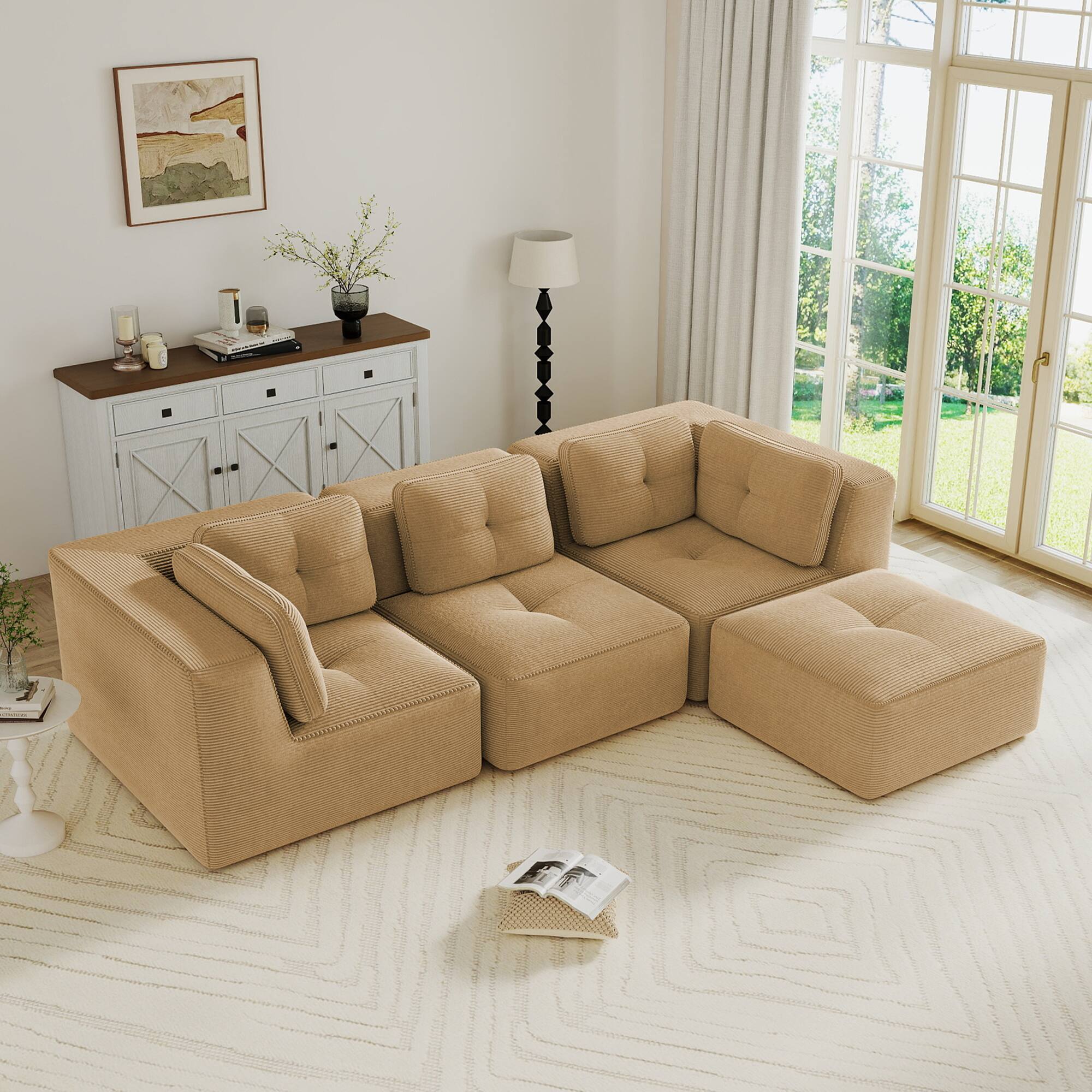 Front. LOVMOR - 3 Seater Corduroy Modular Sectional Couch Deep Seat Storage Ottoman No Assembly Compressed Pack Tufted For Den - Camel.