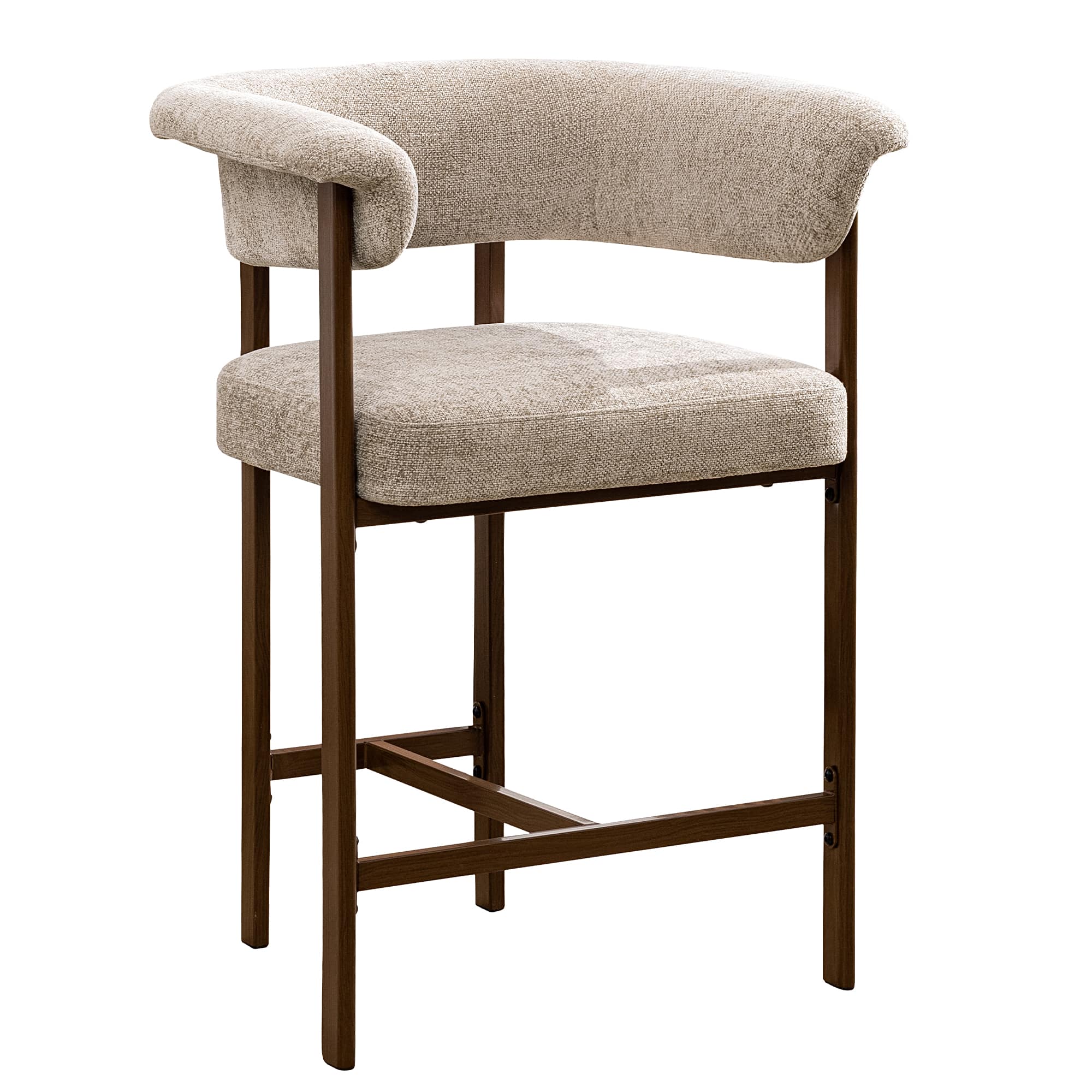 Brick Attic - 26" Padded Bar Stool, Metal Legs with Walnut Wood Grain Finish, 300lb Counter with U-shaped Backrest and Footrest - Linen