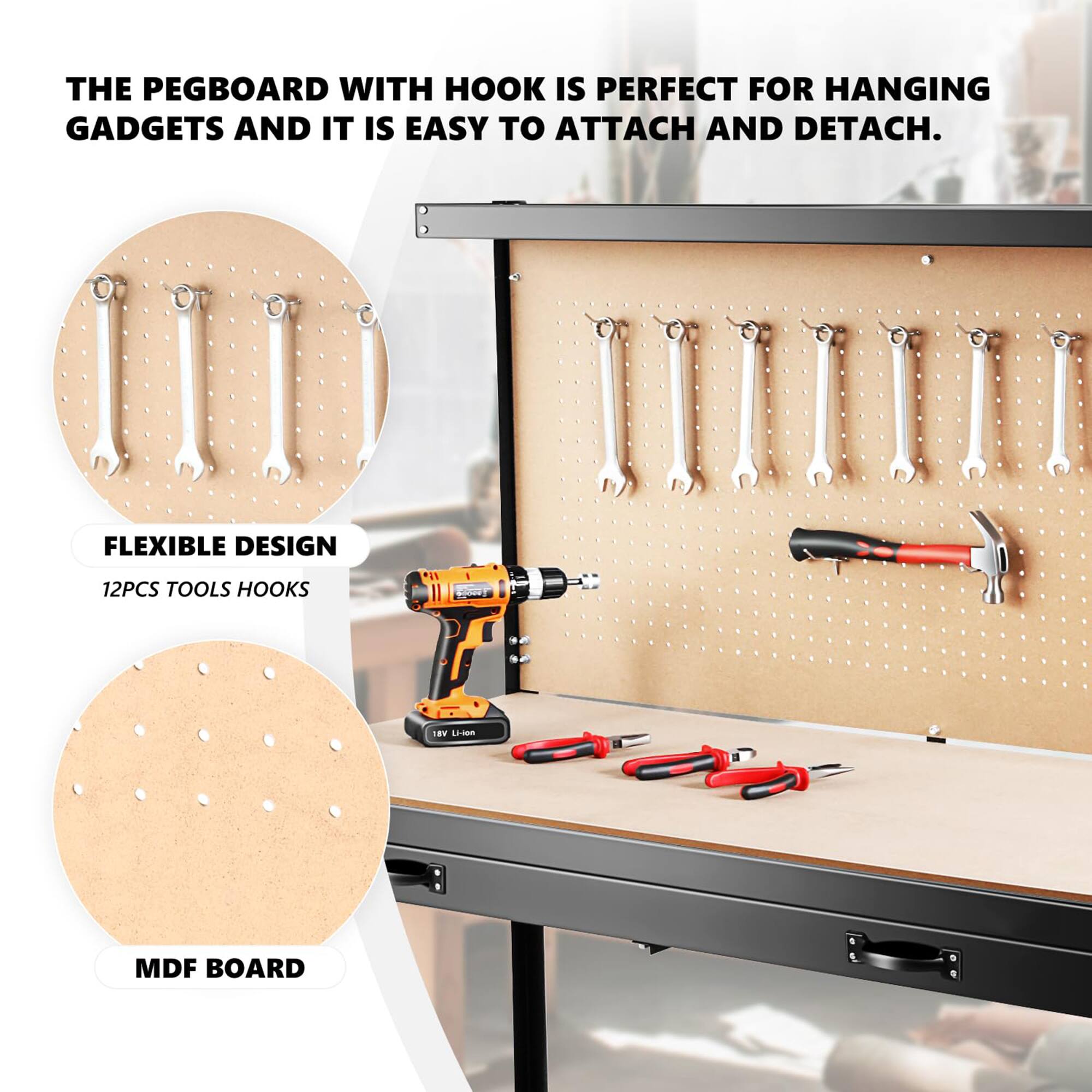 The pegboard with hook is perfect for hanging gadgets and it is easy to attach and detach. Flexible design 12PCS tools hooks ta Li-ien MDF board.
