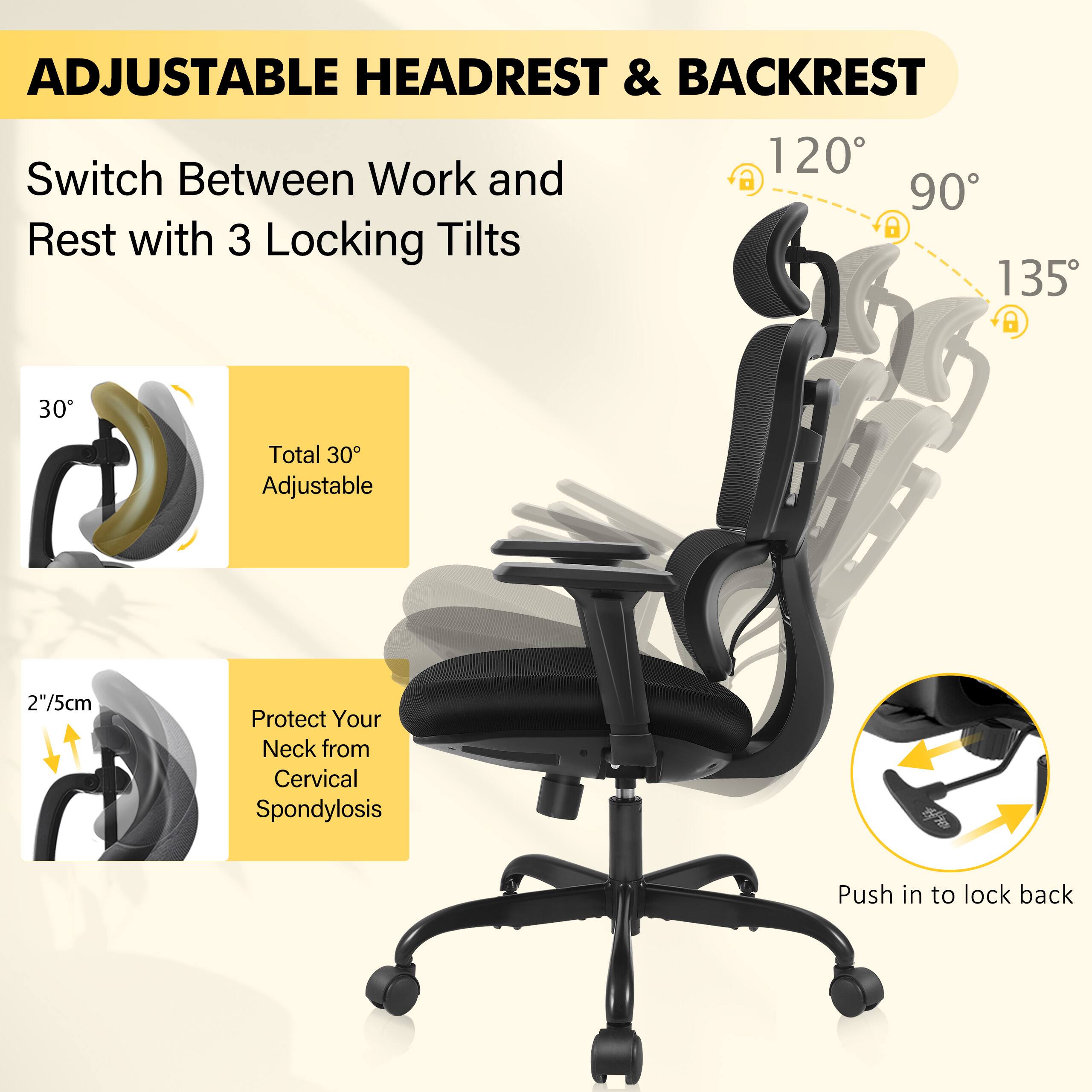 ADJUSTABLE HEADREST & BACKREST

Switch Between Work and Rest with 3 Locking Tilts

- 120°
- 90°
- 135°

Total 30° Adjustable

2"/5cm

Protect Your Neck from Cervical Spondylosis

Push in to lock back