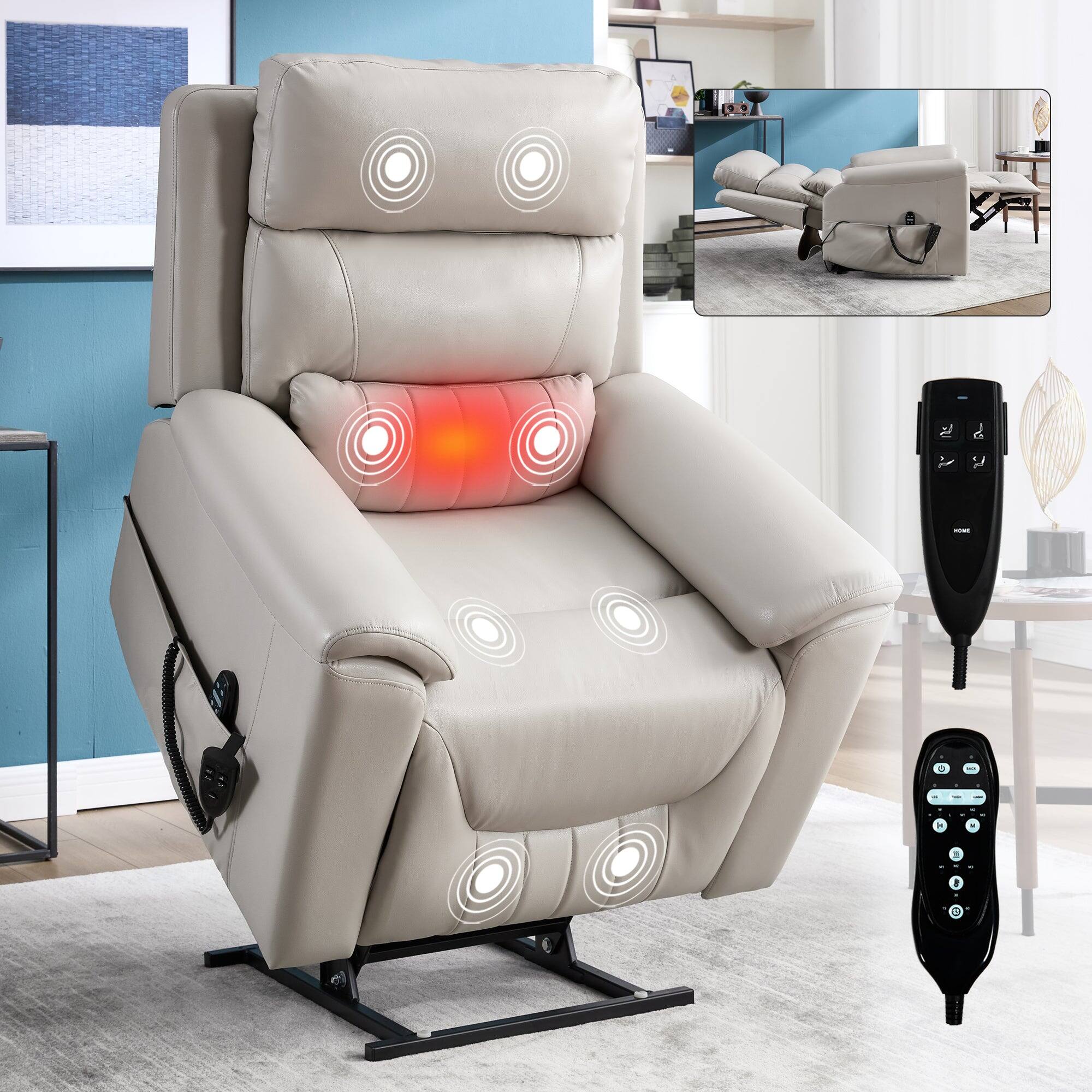 Alt View 1. Boyel Living - Light Gray Faux Leather Dual Motor Power Lift Recliner Chair, Infinite Position, 350 LBS, 8-Point Massage & Lumbar Heat - Light Gray.