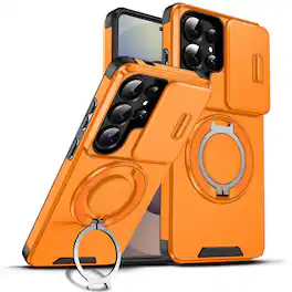 UUCOVER - For Samsung Galaxy S26 Ultra Magnetic Case with Slide Camera Lens Cover and Rotatable Ring Stand, Drop Protection Cover - Orange