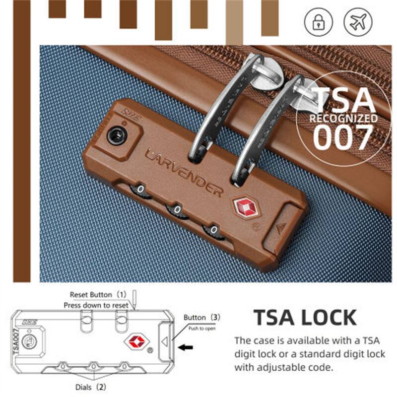 SUT LARVENDER TSA RECOGNIZED 007 TSA007

- Reset Button (1) Press down to reset
- Dials (2)
- Button (3) Push to open TSA LOCK

The case is available with a TSA digit lock or a standard digit lock with adjustable code.