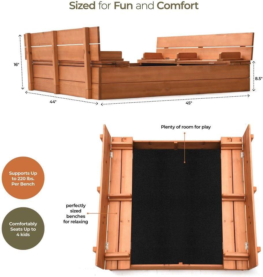 Sized for Fun and Comfort

- 16" height
- 44" width
- 45" length
- 8.5" depth

Plenty of room for play

- Supports Up to 220 lbs. Per Bench
- Comfortably Seats Up to 4 kids
- perfectly sized benches for relaxing
