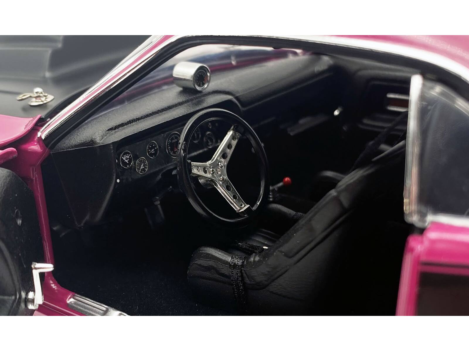 Back. ACME - 1970 Dodge Challenger T/A Pro Stock Mopar Panther Pink w/ Black Stripes & Hood Limited Edition 350 pcs 1/18 - Pink and Black.