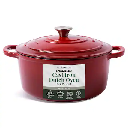 Larder Vine ENAMELED Cast Iron Dutch Oven 5.7 Quart GREAT FOR: BAKING STEWING BRAISING COOKING & ROASTING