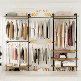 Aheaplus - Wall-Mounted Pipe Clothing Rack with Shelves, Width Adjustable Garment Rack, L-Shaped/Straight Reversible - Brown
