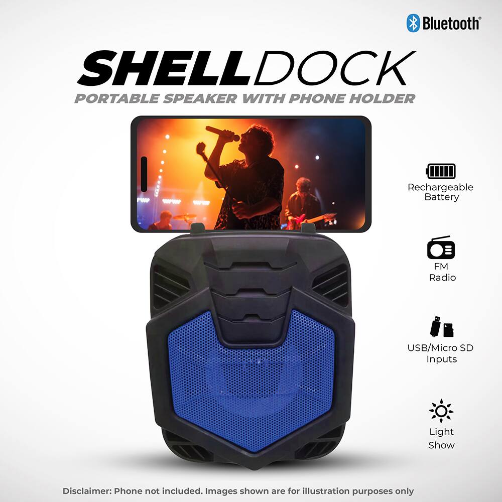 Bluetooth SHELL DOCK PORTABLE SPEAKER WITH PHONE HOLDER

- Rechargeable Battery
- FM Radio
- USB/Micro SD Inputs
- Light Show

Disclaimer: Phone not included. Images shown are for illustration purposes only