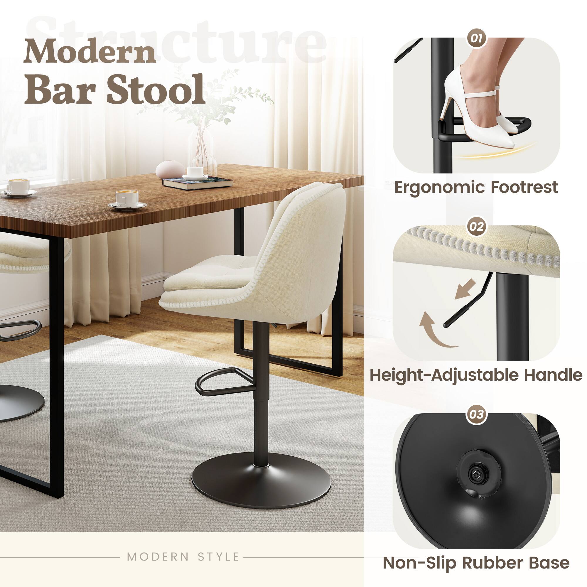 Modern Structure Bar Stool

01 Ergonomic Footrest  
02 Height-Adjustable Handle  
03 Non-Slip Rubber Base  

MODERN STYLE