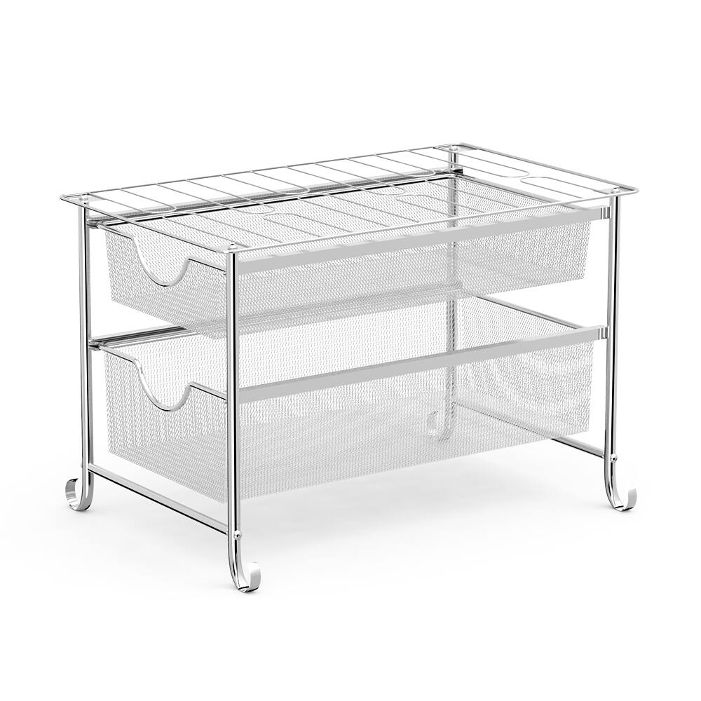 Angle. Oumilen - 2-Tier Under-Sink Organizer with Curved Metal Frame & Pull-Out Mesh Drawers, Silver for Kitchen Bathroom Cabinet - Silver.