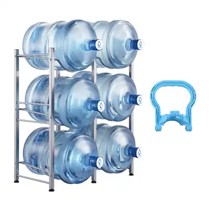 Front. VEVOR - 3 Tiers Water Jug Holder, 5 Gallon Water Bottle Holder, Double Row Water Bottle Rack for 6 Bottles - Silver.