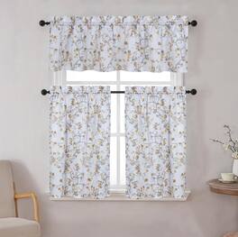 Kate Aurora - Complete 3 Piece Rod Pocket Cherry Blossom Cafe Kitchen Curtain Tier & Valance Set - Gold
