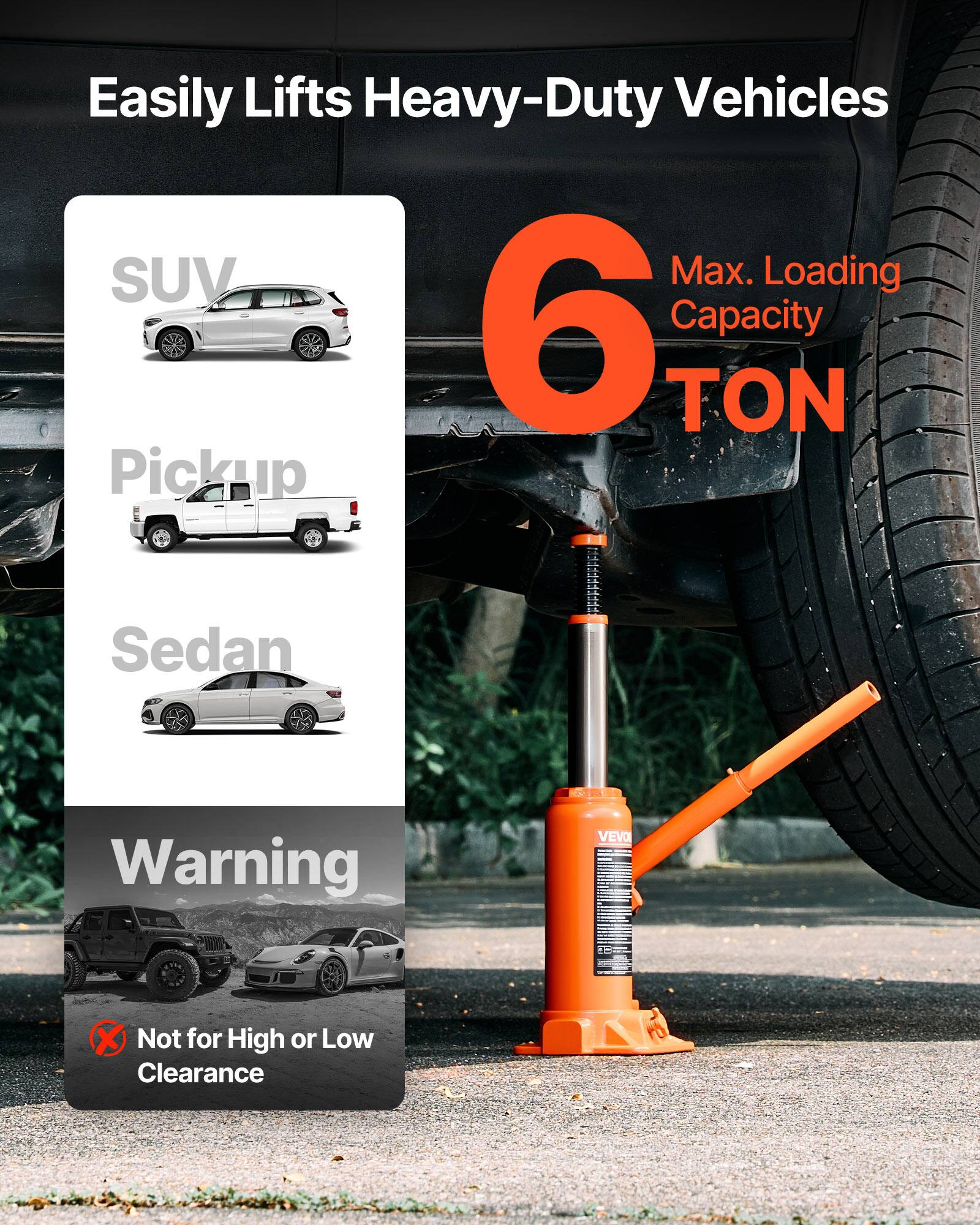 Easily Lifts Heavy-Duty Vehicles  
SUV  
Pickup  
Sedan  

Max. Loading Capacity 6 TON  

Warning: Not for High or Low Clearance