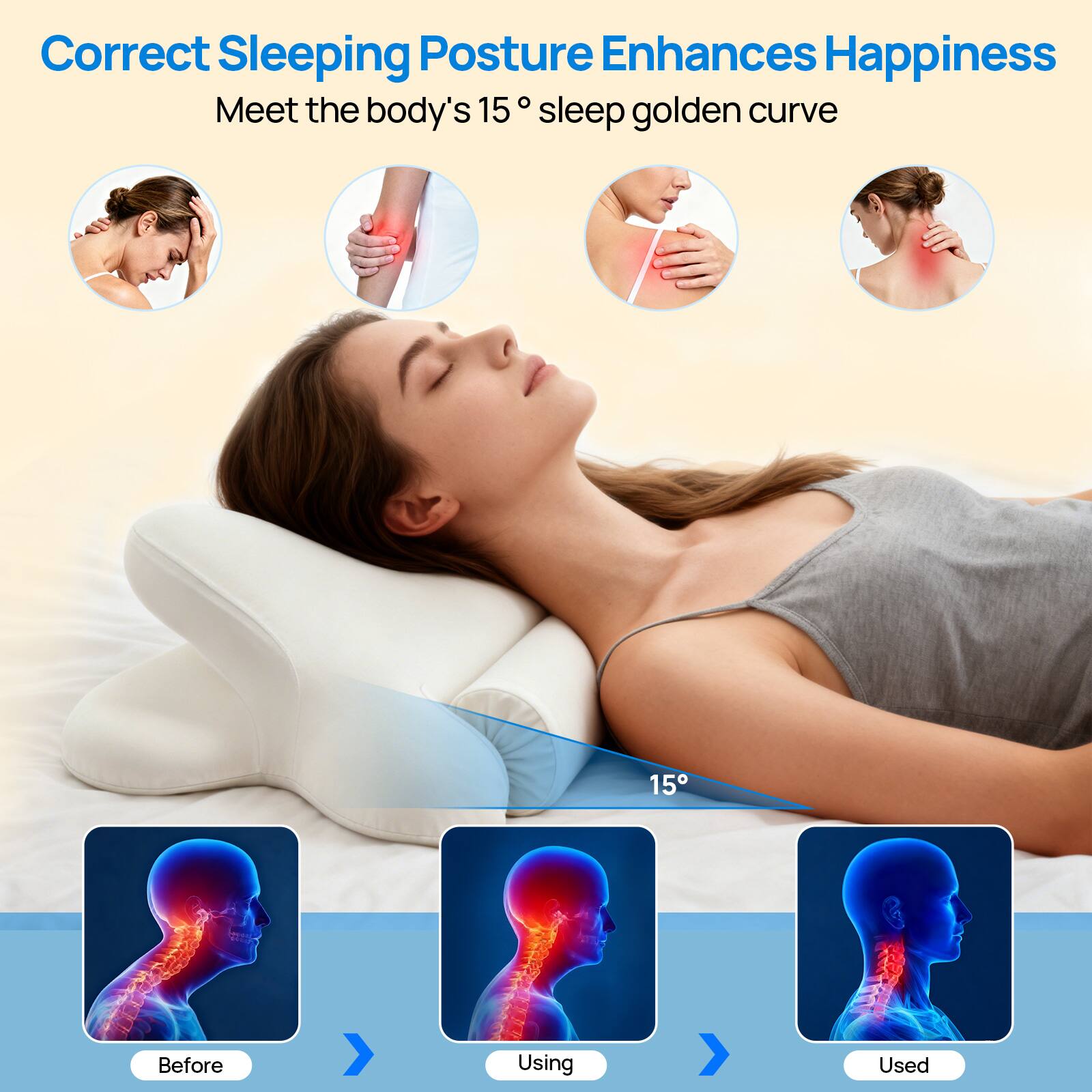 Correct Sleeping Posture Enhances Happiness  
Meet the body's 15° sleep golden curve  

Before  
Using  
Used
