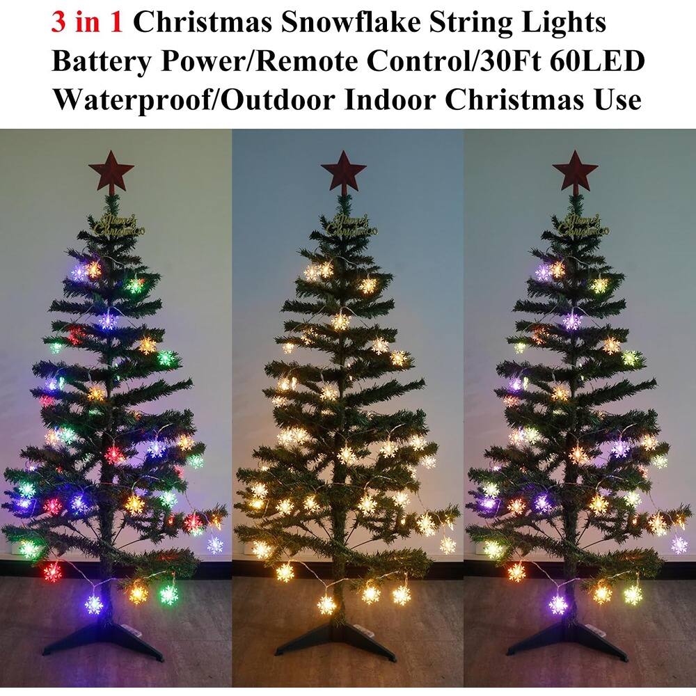 3 in 1 Christmas Snowflake String Lights  
Battery Power/Remote Control/30Ft 60LED  
Waterproof/Outdoor Indoor Christmas Use