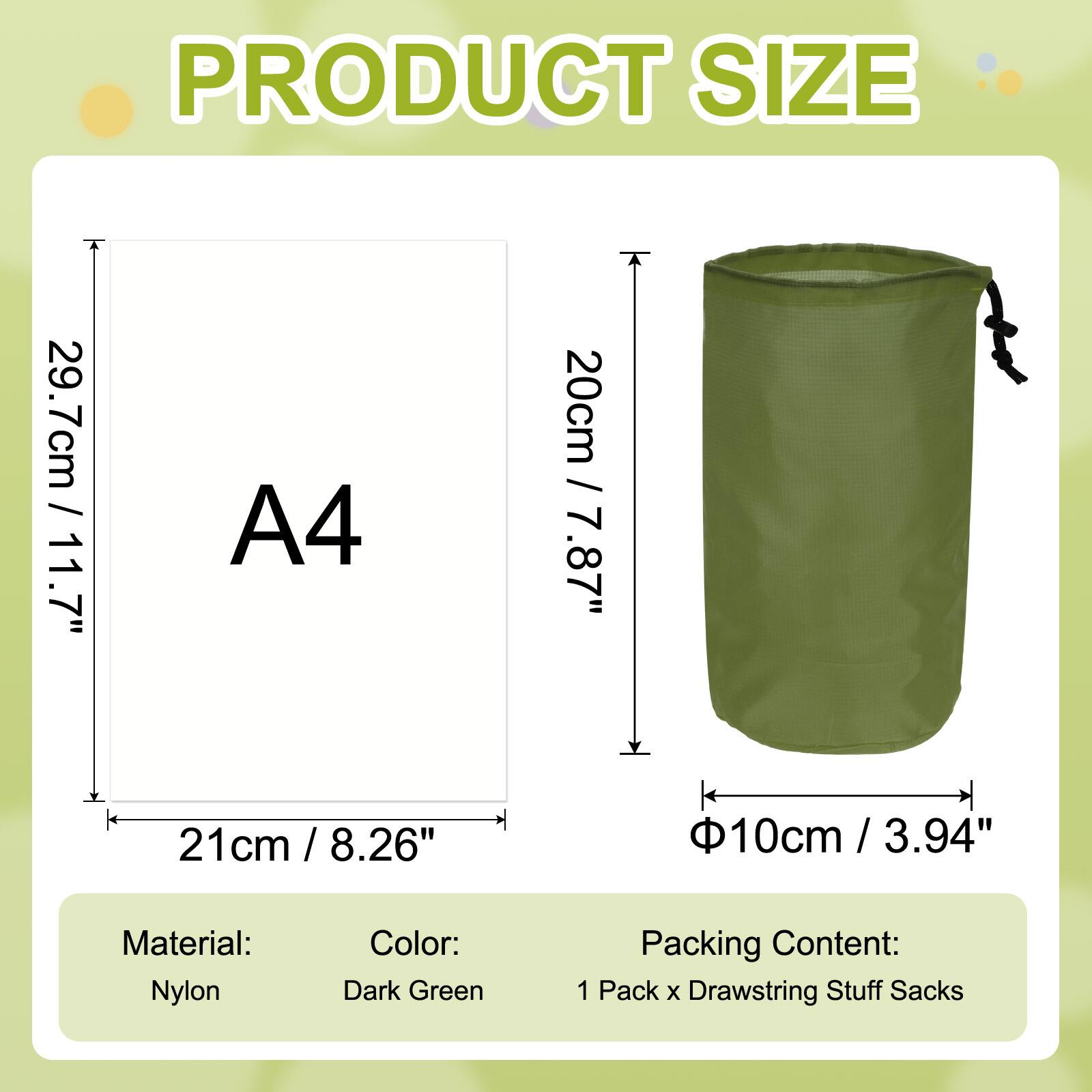 PRODUCT SIZE

A4  
29.7cm / 11.7"  
21cm / 8.26"

Material: Nylon  
Color: Dark Green  
Packing Content: 1 Pack x Drawstring Stuff Sacks

20cm / 7.87"  
Φ10cm / 3.94"