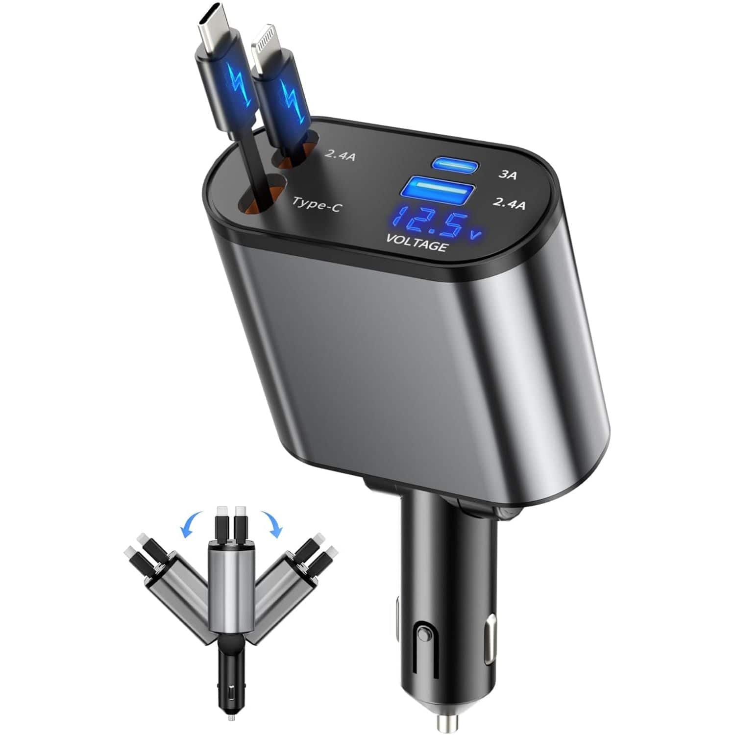 Entronix - 4-in-1 Car Charger Adapter – Dual USB-C & USB-A Multi-Port Fast Charging Hub