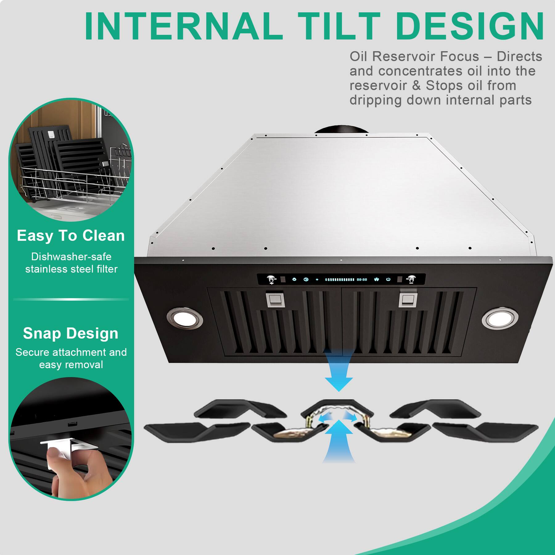 INTERNAL TILT DESIGN

Oil Reservoir Focus - Directs and concentrates oil into the reservoir & Stops oil from dripping down internal parts

Easy To Clean
Dishwasher-safe stainless steel filter

Snap Design
Secure attachment and easy removal