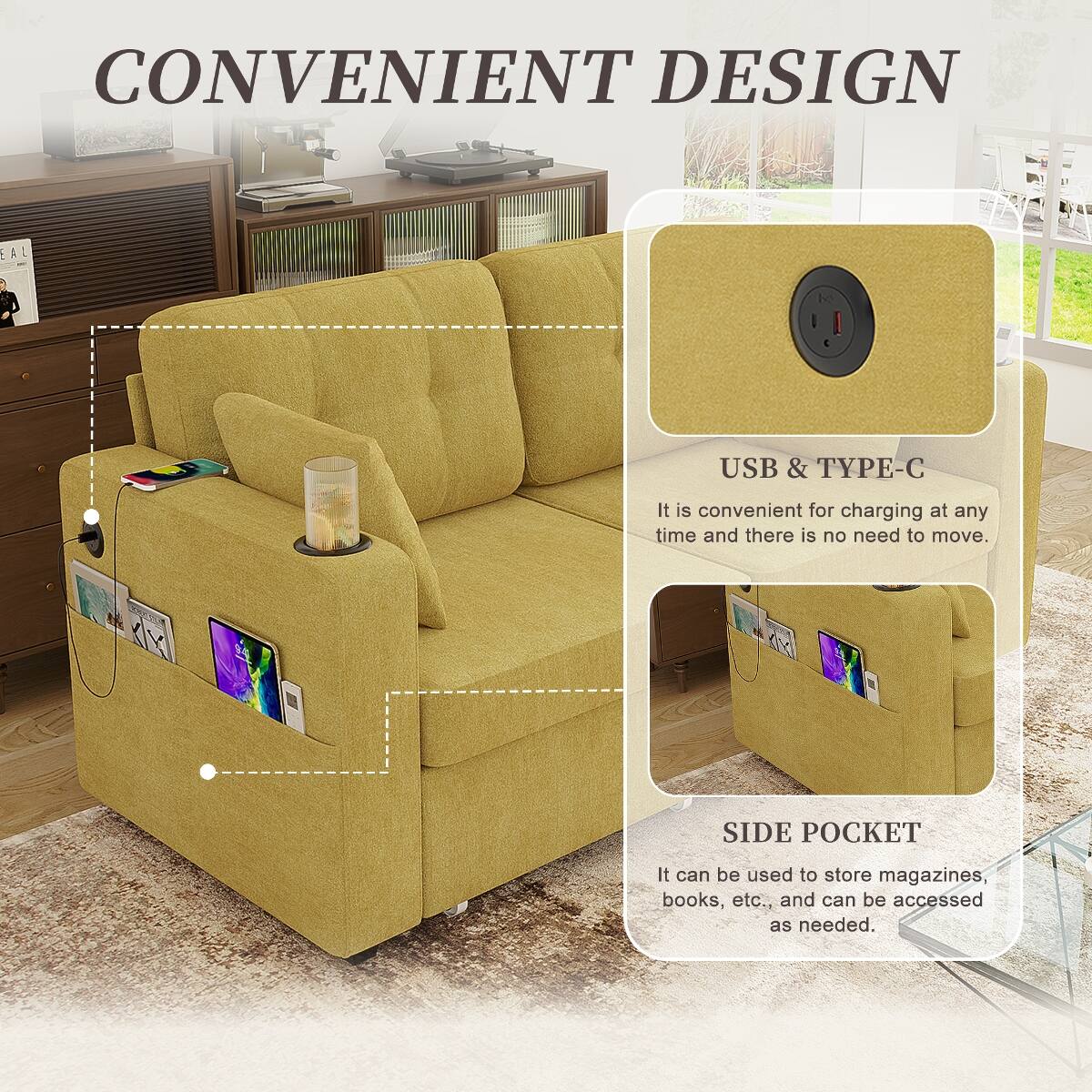 CONVENIENT DESIGN

USB & TYPE-C
It is convenient for charging at any time and there is no need to move.

SIDE POCKET
It can be used to store magazines, books, etc., and can be accessed as needed.