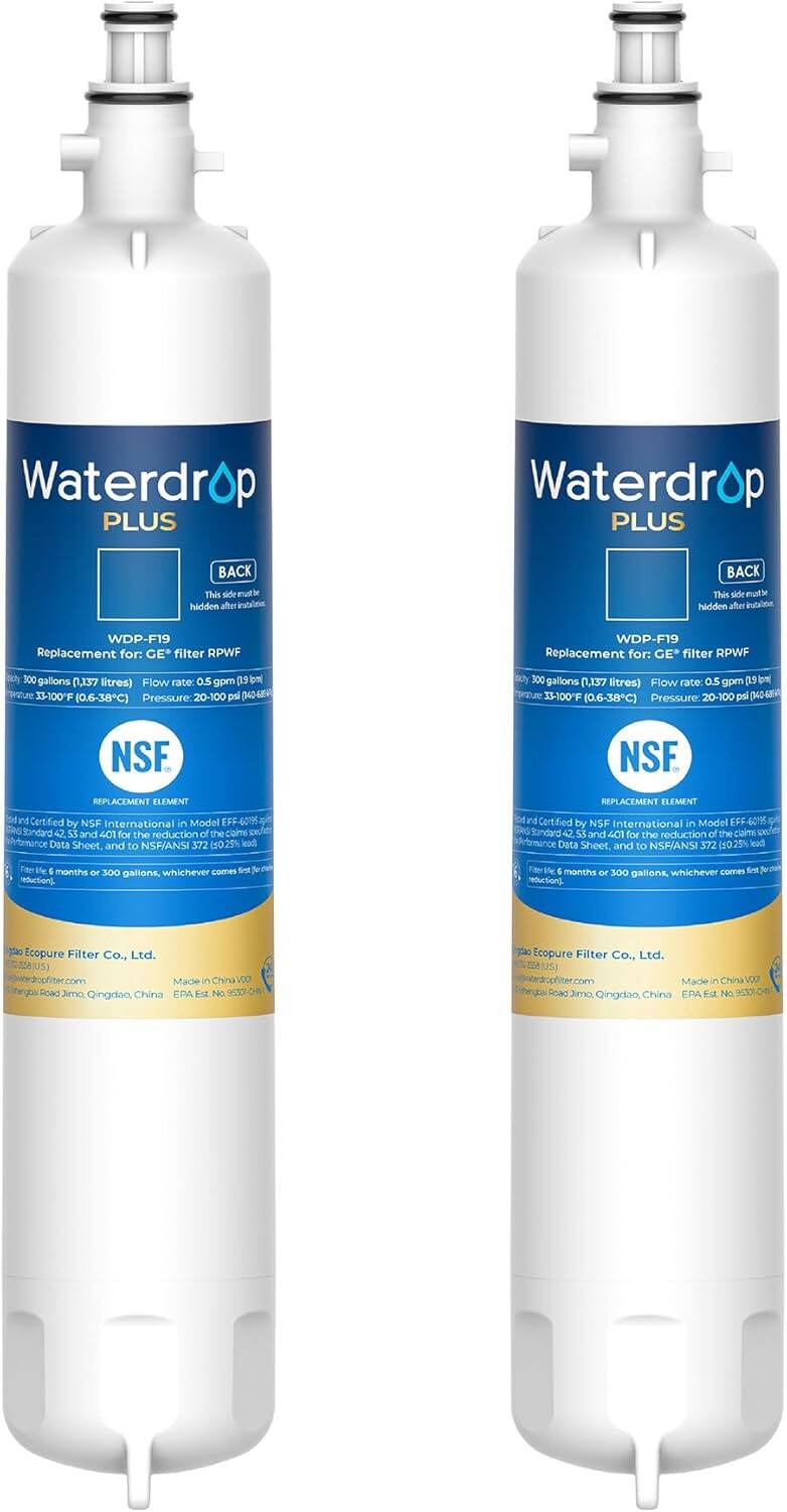 Waterdrop PLUS  
BACK  
This side mul hidden alber  
Thin side Mhtum hidden afber  
WDP-F19  
Replacement for: GE filter RPWF  
300 gallons (1.37 litres)  
Flow rate: 0.5 gpm  
33-100F (0.6-38C)  
Pressure: 20-100 psi  
NSF  
Certified by NSF International in Model EFF-G0Y  
Standard 42, 53, and 401 for the reduction of the claims  
Data Sheet.  
Certified by NSF International in Model EFF-6016  
Standard 42, 53, and 401 for the reduction of the claims  
Data Sheet.  
6 months or 300 gallons, whichever comes first.  
Ecopure Filter Co., Ltd.  
Made in China  
VON Road Jima Qingdao, China  
EPA EsZ NO 953306  
Ecopure Filter Co., Ltd.  
Made in China  
VON Road Jima Qingdao, China  
EPA EsZ NO 953306