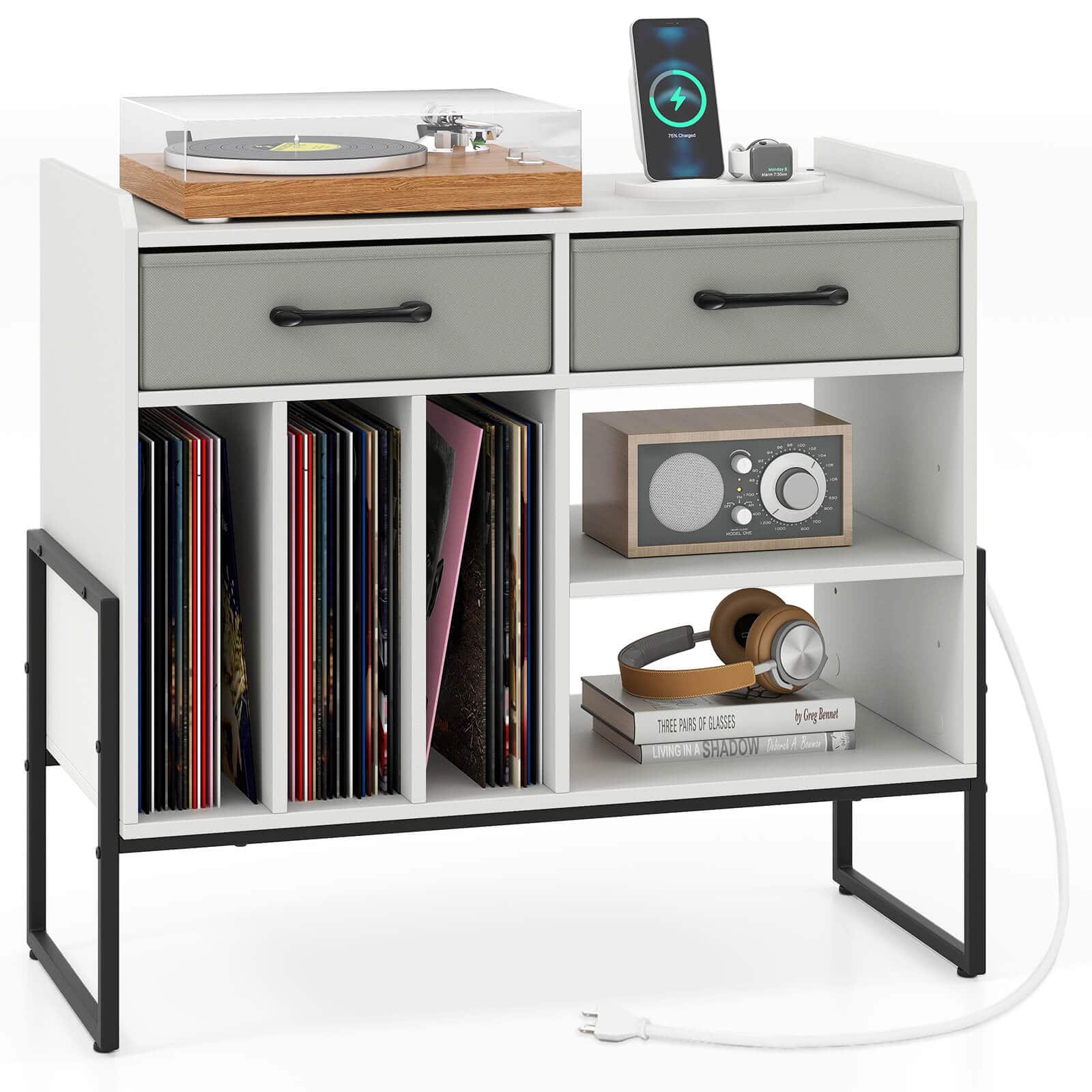Costway - Large Record Player Stand with Charging Station, 2 Fabric Drawers, Adjustable Shelf - White