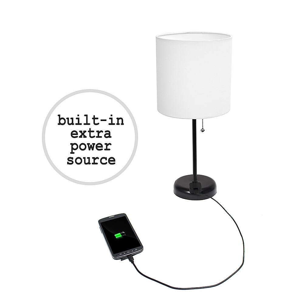 The image features a lamp with a built-in extra power source, which is a cell phone charger. The lamp is turned on, and the cell phone is plugged into the charger. The lamp is placed on a table, and the cell phone is connected to the charger, indicating that it is charging. This innovative design allows users to charge their phones while enjoying the light from the lamp.