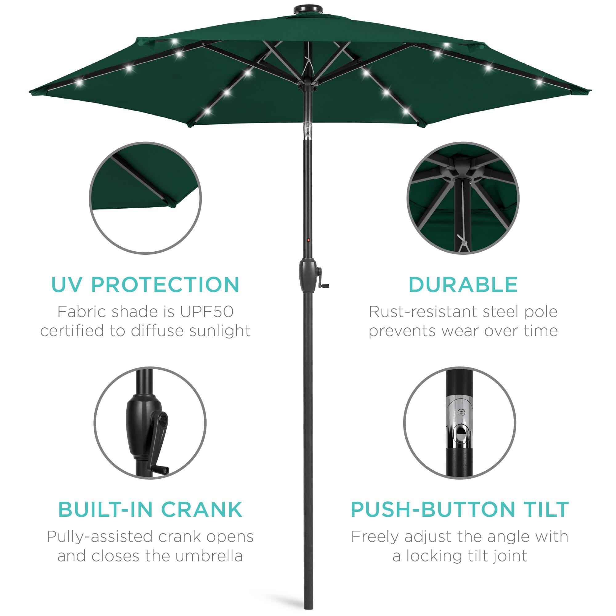 UV PROTECTION  
Fabric shade is UPF50 certified to diffuse sunlight  

DURABLE  
Rust-resistant steel pole prevents wear over time  

BUILT-IN CRANK  
Pully-assisted crank opens and closes the umbrella  

PUSH-BUTTON TILT  
Freely adjust the angle with a locking tilt joint