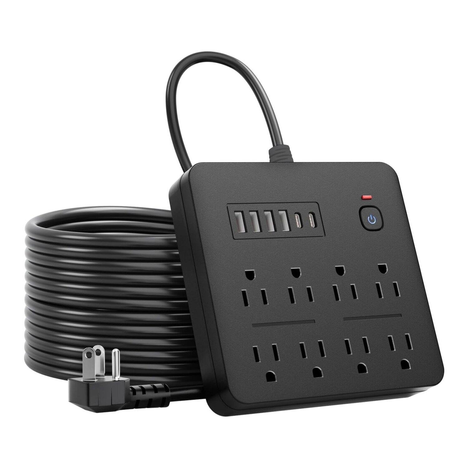 Front. Dazzed Corner - 6 FT Flat Plug Surge Protector Power Strip - Black.