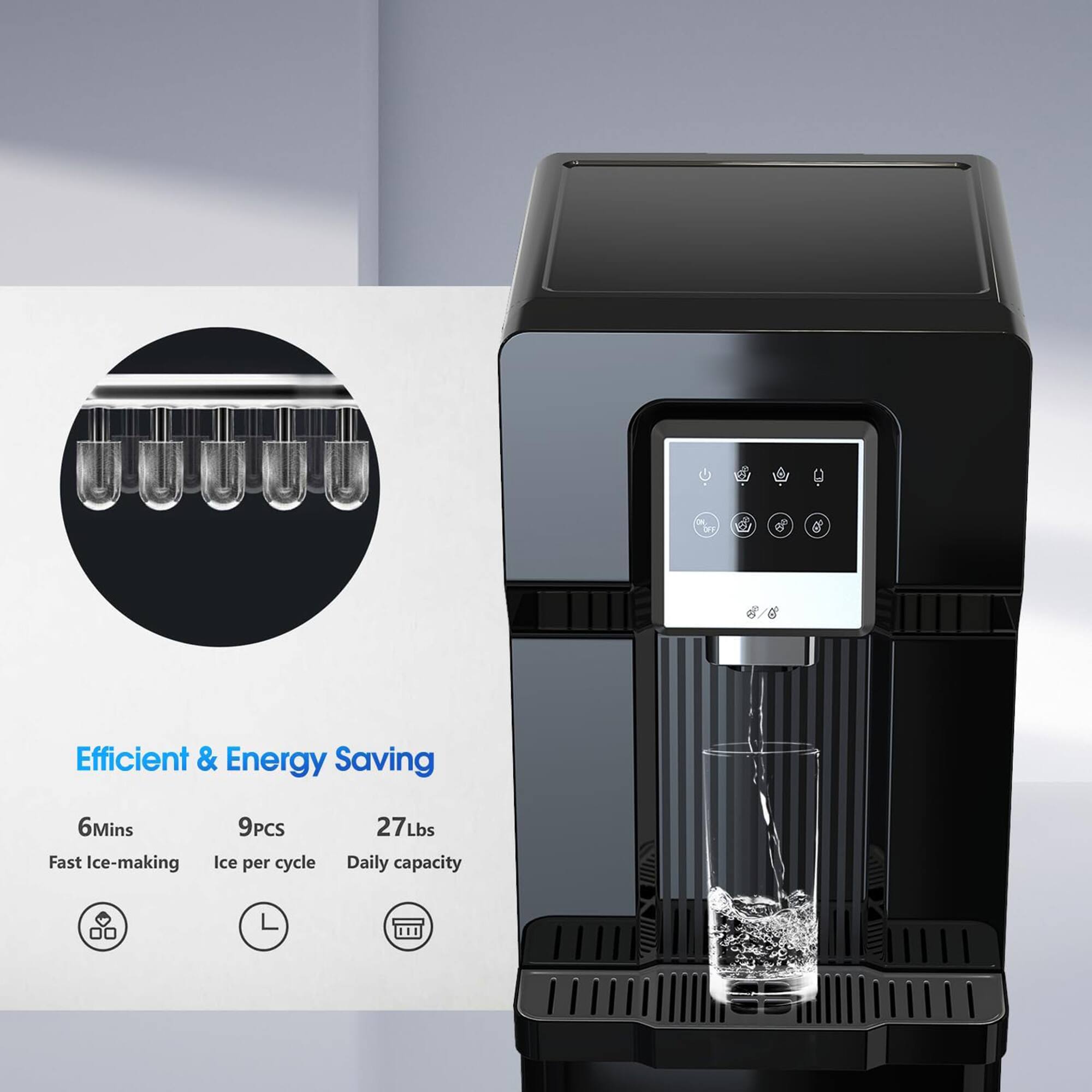 Efficient & Energy Saving
6 Mins
Fast Ice-making
9 PCS
Ice per cycle
27 Lbs
Daily capacity