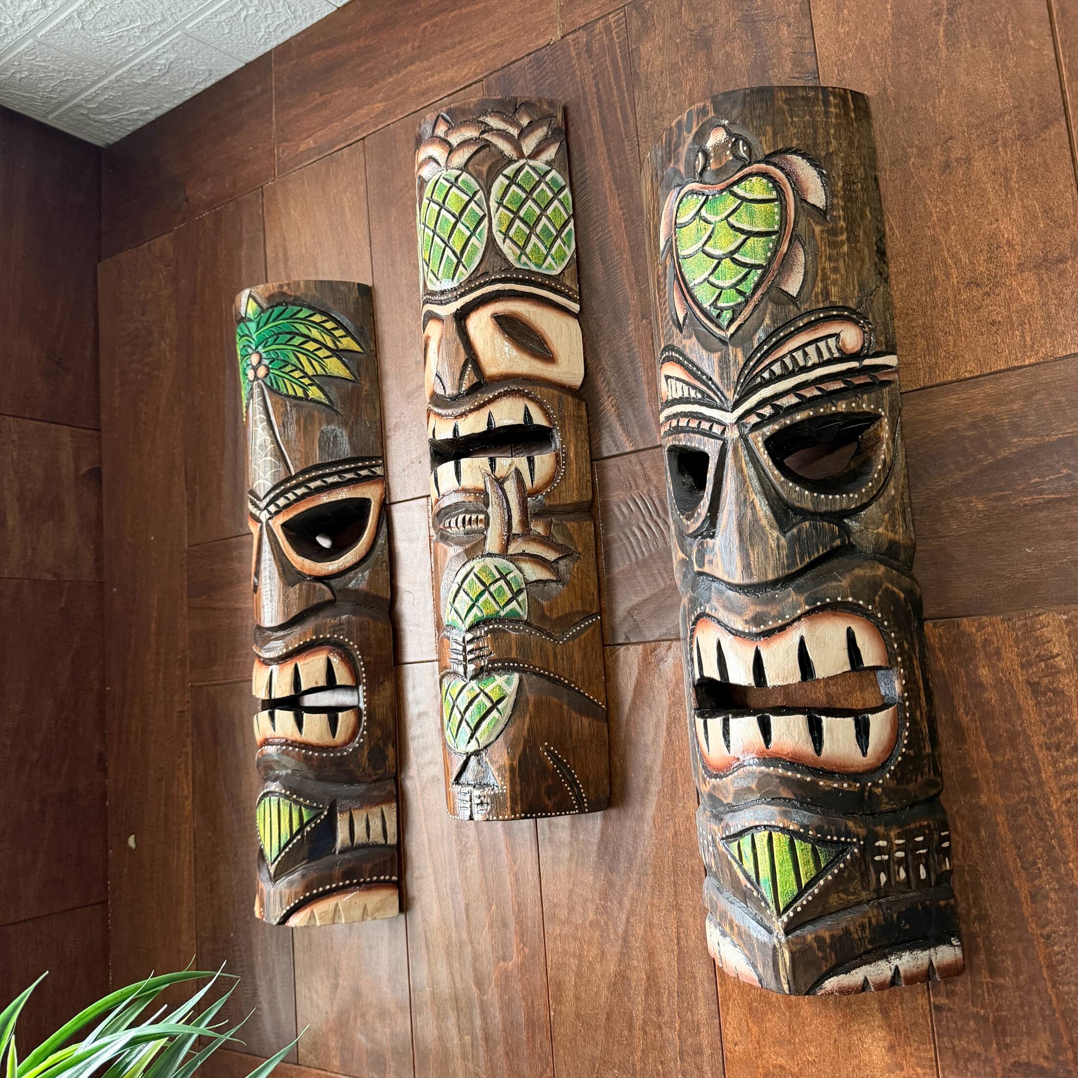 Alt View 4. Zeckos - Hand Carved Wood Tiki Mask Set of 3 Palm Tree Pineapple Turtle 19in Wall Decor - Green.