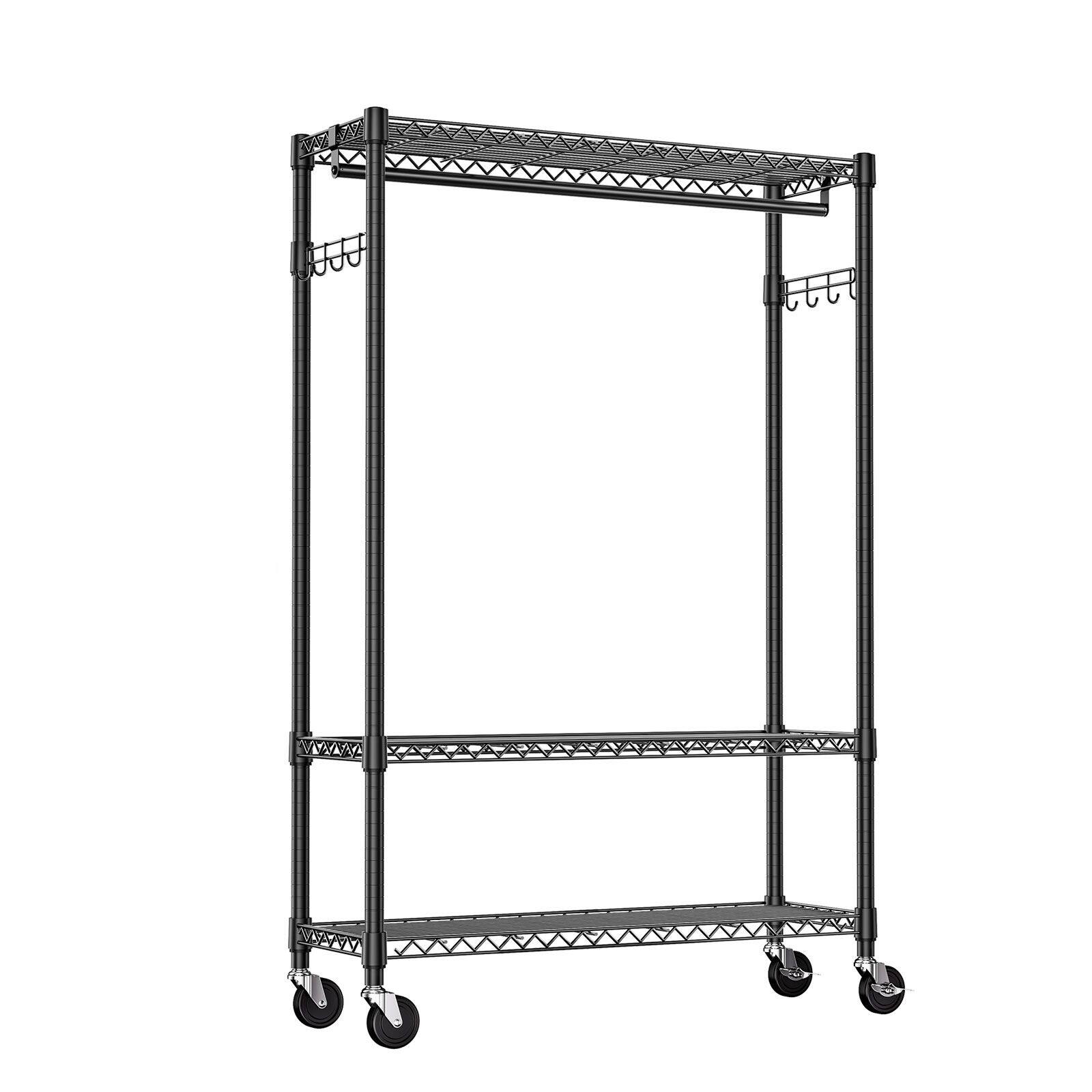 Back. Mirfee - 3-Tier Heavy Duty Rolling Garment Rack, 75.6" H Black Chrome Clothes Rack with Wheels - Black.