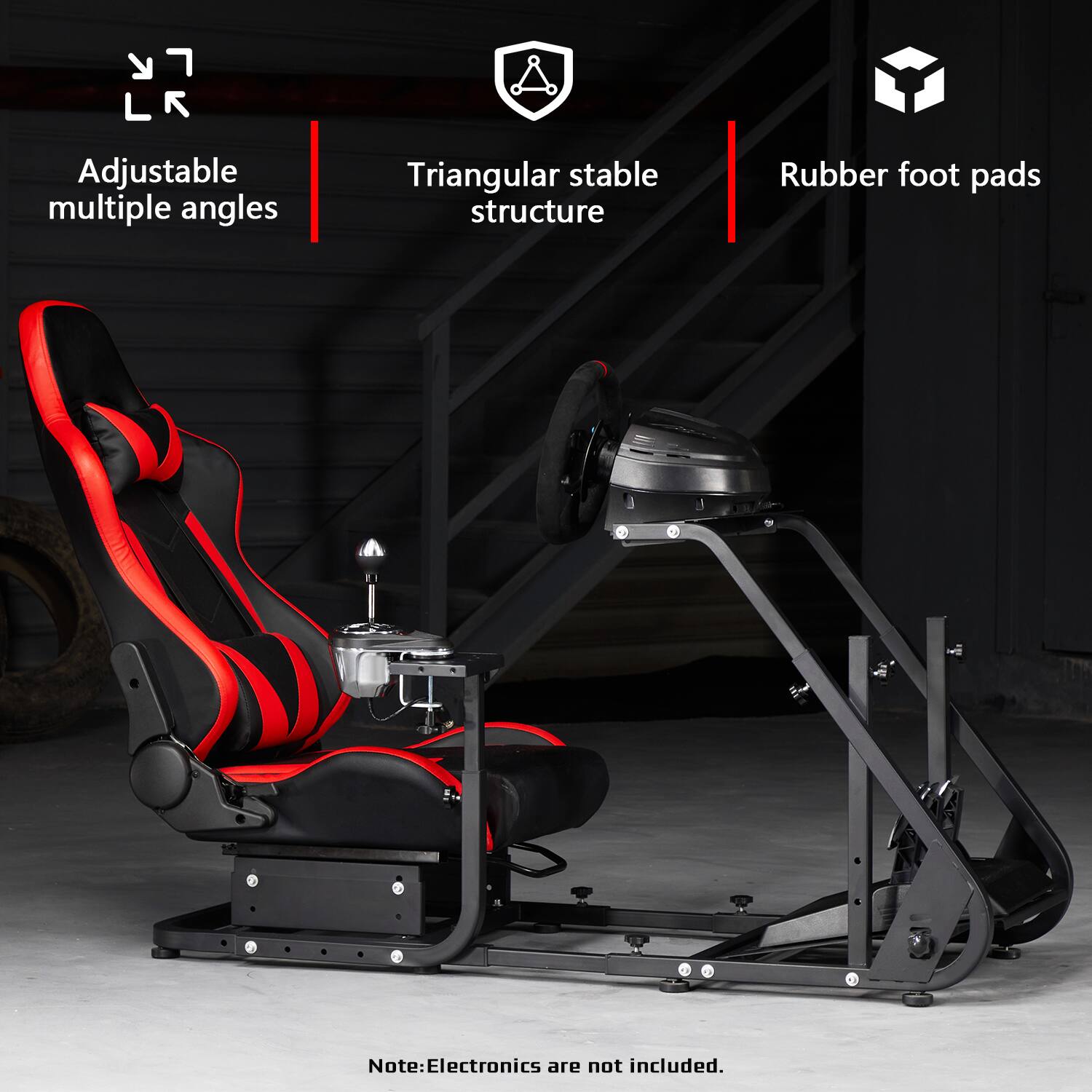 L R

Adjustable multiple angles

Triangular stable structure

Rubber foot pads

Note: Electronics are not included.