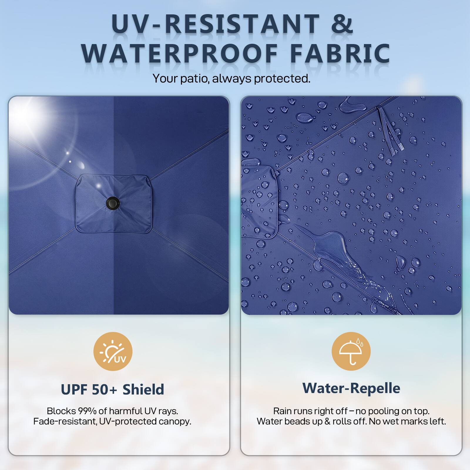 UV-RESISTANT & WATERPROOF FABRIC  
Your patio, always protected.  

UV UPF 50+ Shield  
Blocks 99% of harmful UV rays.  
Fade-resistant, UV-protected canopy.  

Water-Repelle  
Rain runs right off – no pooling on top.  
Water beads up & rolls off. No wet marks left.