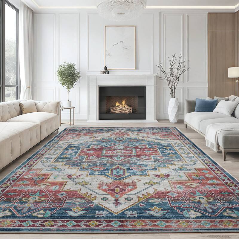Angle. RYHNUYNE - 9x12 Area Rugs Living Room Rug Washable Vintage Boho Rug No Slip Stain Resistant Soft Carpet Indoor Floor Floral Carpets - Painting.