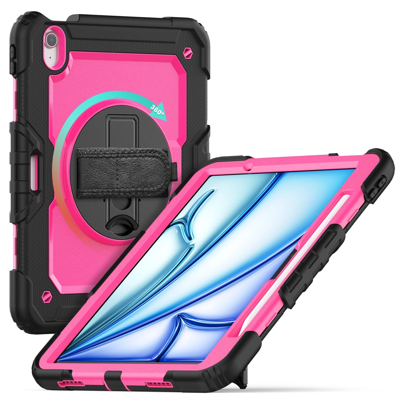 Left. UUCOVER - Full Body Case for iPad Air 13-inch M4/M3/M2 Shockproof Built-in Screen Protector Stand with Hand/Shoulder Strap Cover - Rose+Black.