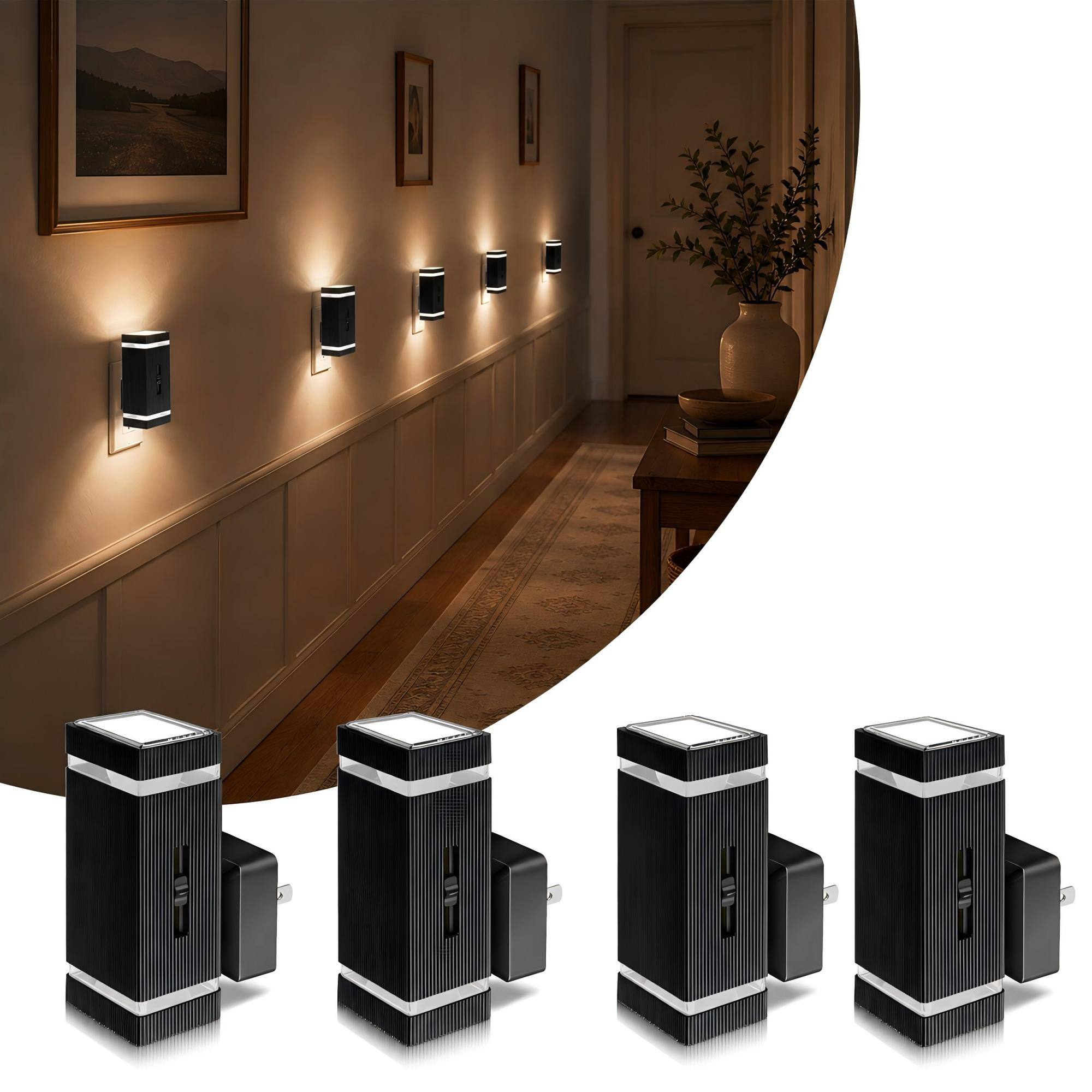 Angle. Jandcase - JANDCASE 4-Pack 1W  Plug-in Night Light, 5000K Daylight White, Square Frosted Shade, Wall Sconce Style, Slide Dimmer - Black.