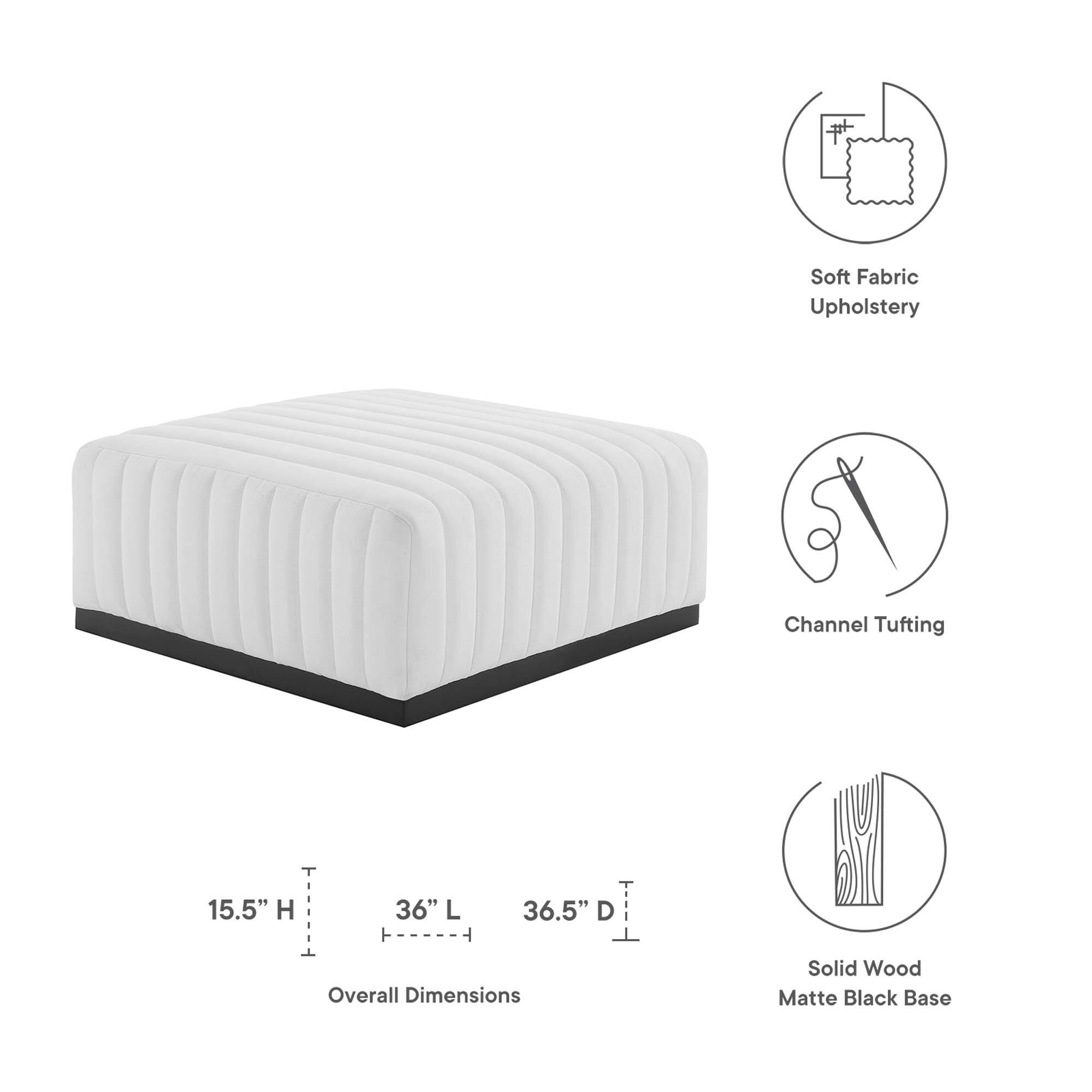 Soft Fabric Upholstery  
Channel Tufting  
15.5" H x 36" L x 36.5" D Overall Dimensions  
Solid Wood Matte Black Base