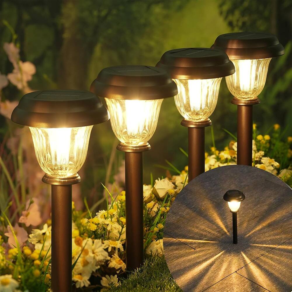 MOSZAR LLC - 8 Pack Solar Lights Outdoor, Stainless Steel Glass Solar Pathway - Black