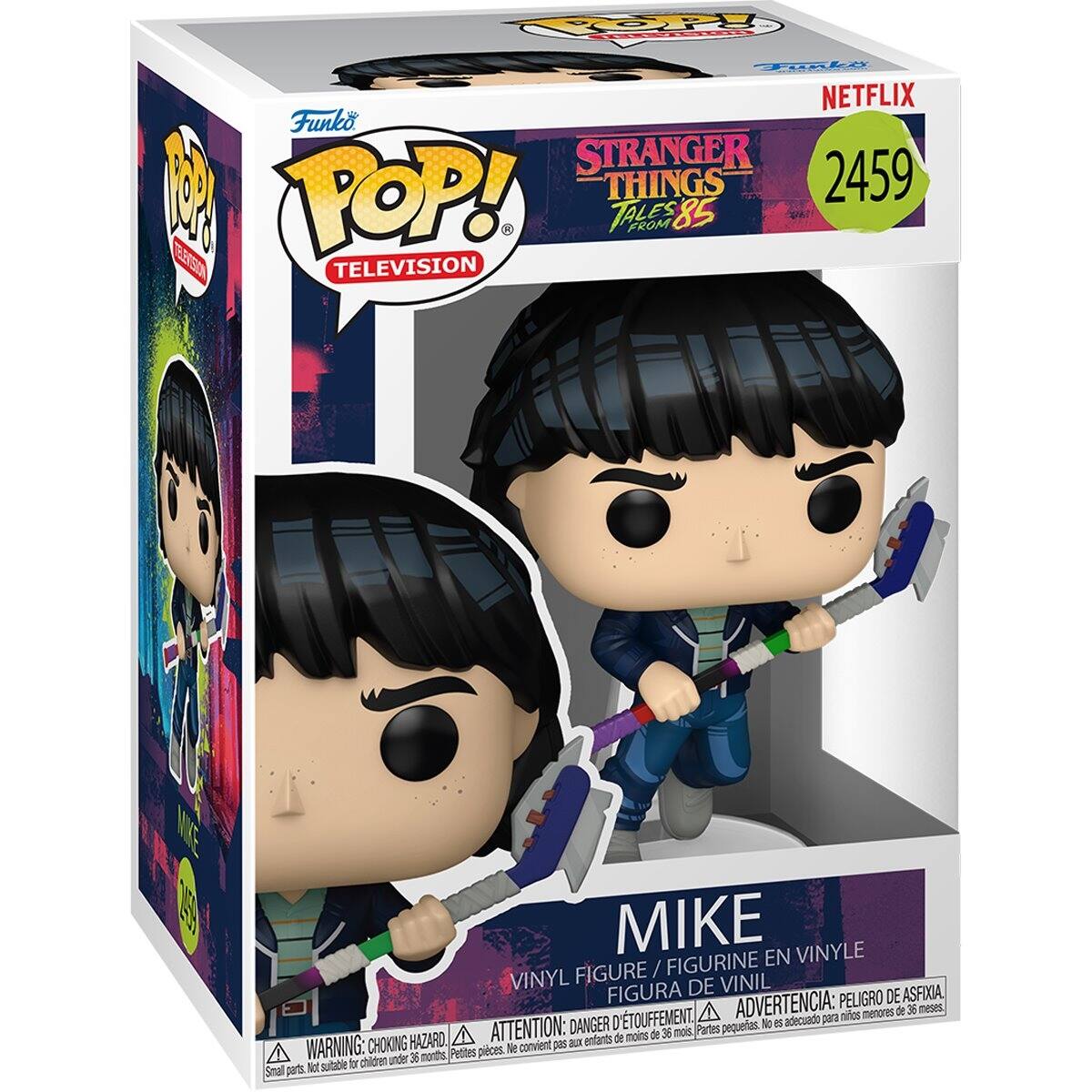 Funko NETFLIX Funko STRANGER THINGS 2459 TALES FROM 85 TELEVISION  
MIKE EN VINYLE VINYL FIGURE / FIGURINE FIGURA DE VINIL  
ADVERTENCIA: PELIGRO DE ASFIXIA, ADVERTENCIA: PELIGRO DE ASFIXIA, ADVERTENCIA: PELIGRO DE ASFIXIA  
TOUFFEMENT, adecuado para niños DANGER pequeñas. No es CHOKING HAZARD. ATTENTION: pas XUS enfants de moins de 36 mois, Partes WARNING: Pettes pièces. Ne convient for children under 36 months, Small parts. Not suitable