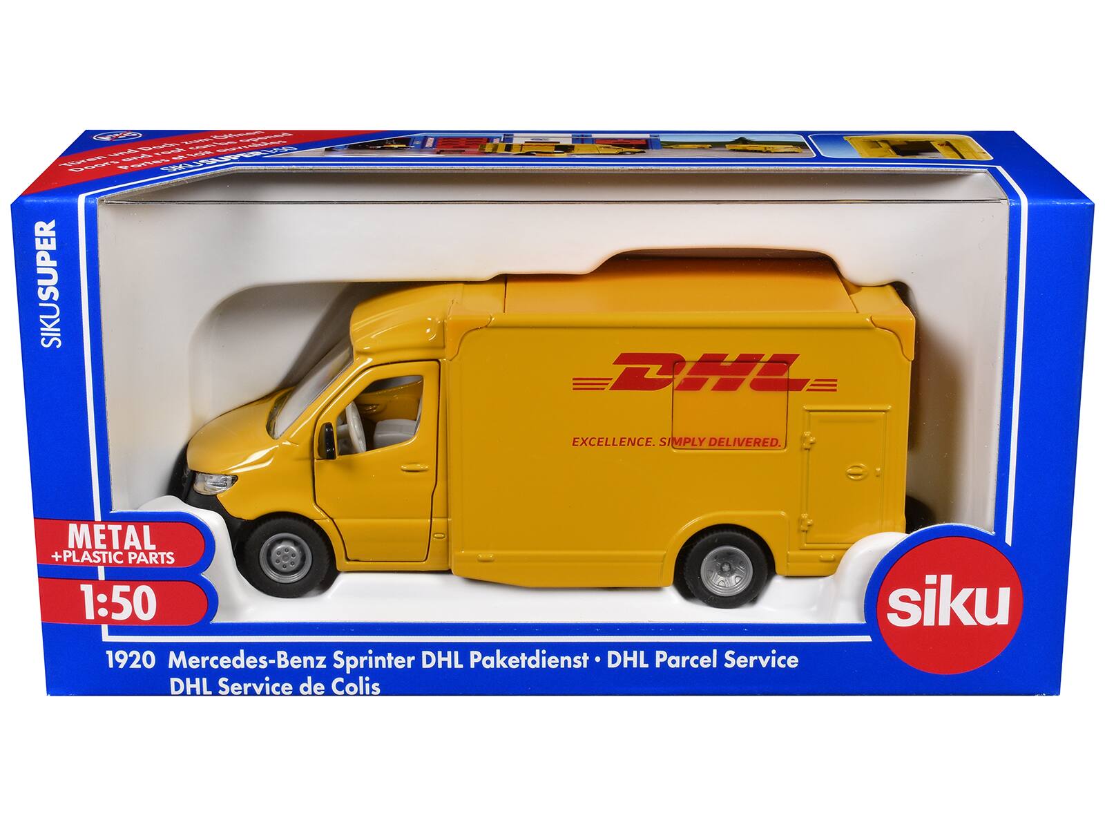 A MAe B A - SPT non DSS o SR SIKUSUPER SIKU PHA EXCELLENCE. SIMPLY DELIVERED. METAL + PLASTIC PARTS 1:50 1920 Mercedes-Benz Sprinter DHL Paketdienst DHL Parcel Service DHL Service de Colis