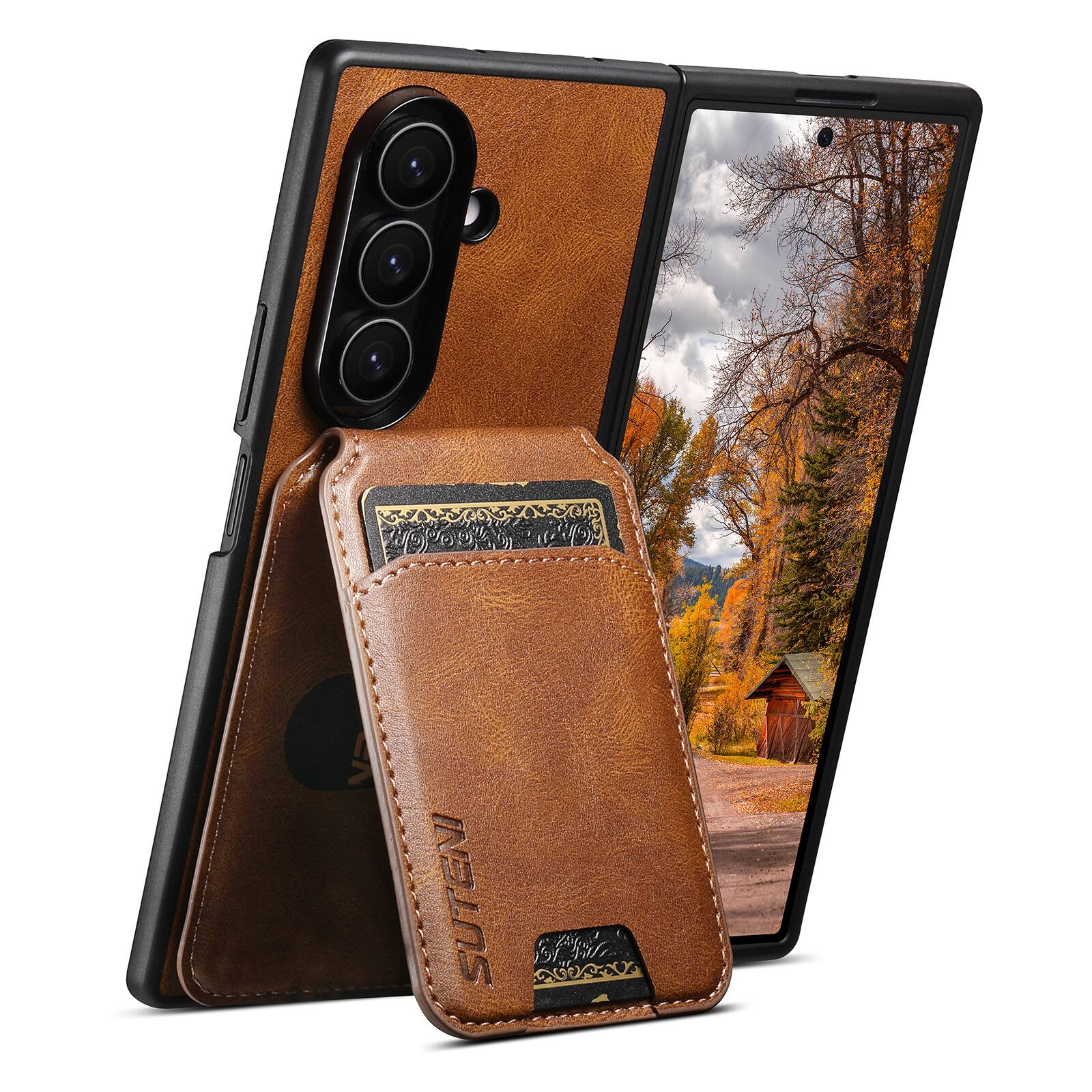 Back. Dteck - Detachable Wallet Card Case for Samsung Galaxy Z Fold 8 Ultra, Shockproof PU Leather Flip Stand Cover - Brown.